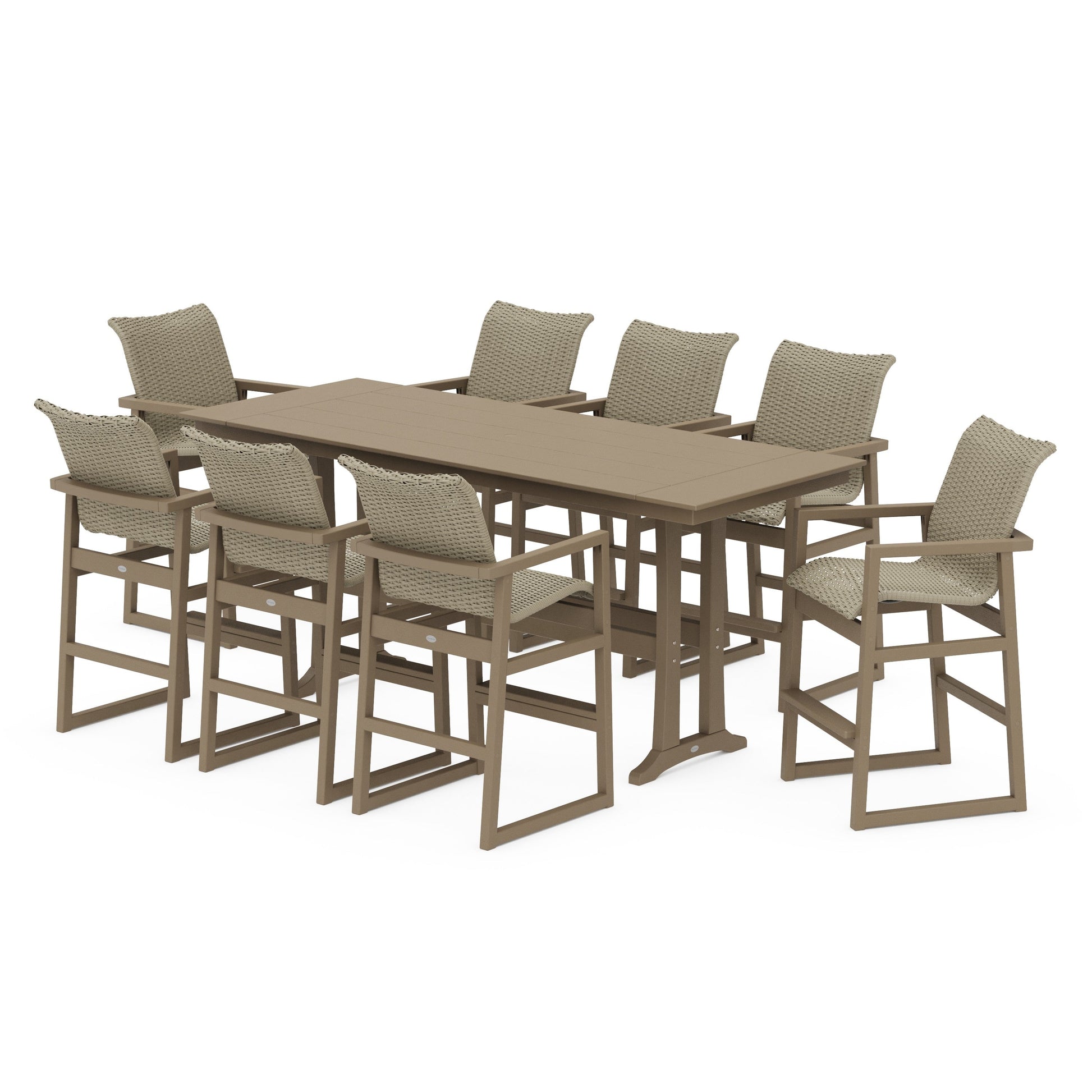 POLYWOOD EDGE Woven 9-Piece Farmhouse Bar Set with Trestle Legs — Vintage Sahara / Dune Grass