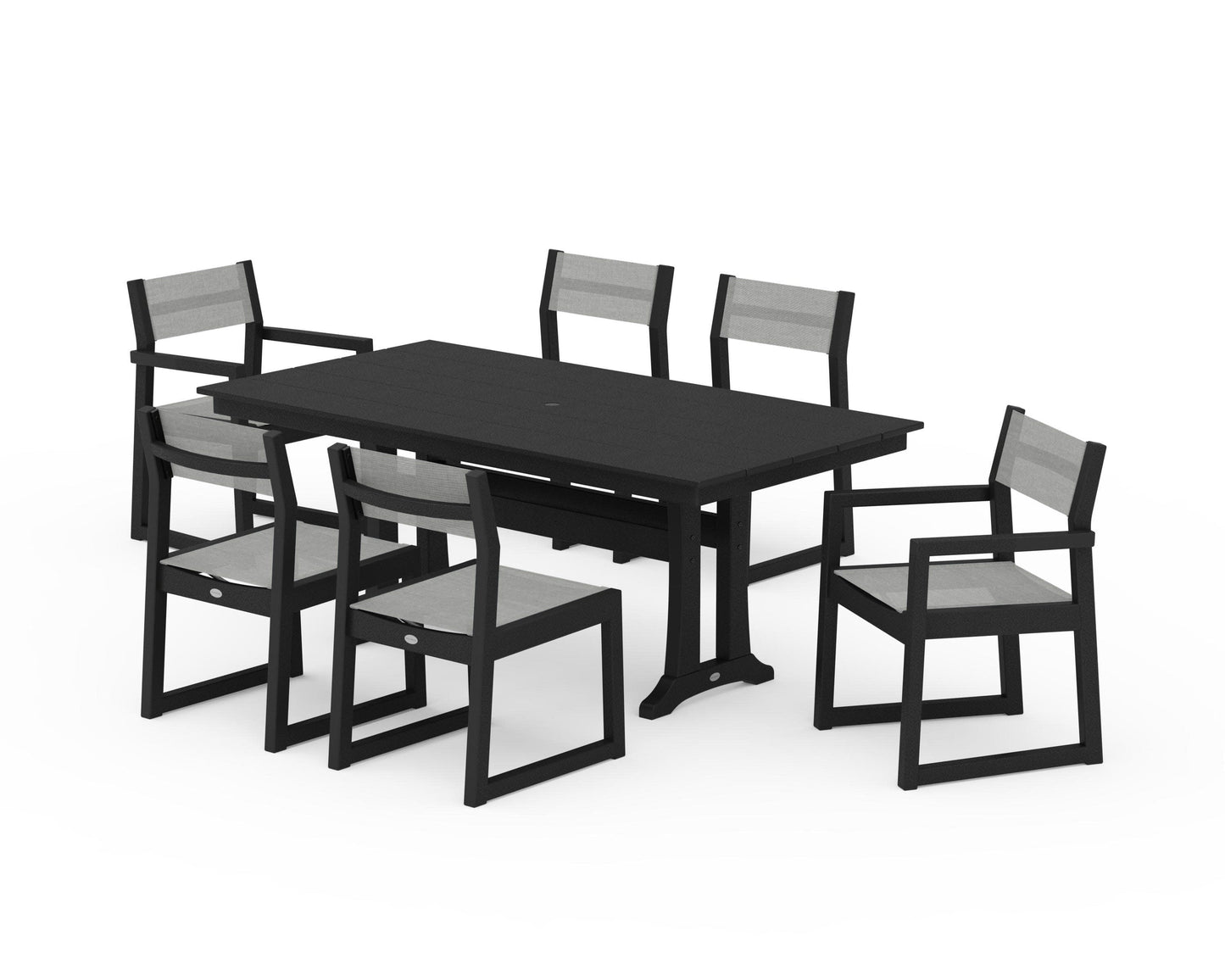 POLYWOOD EDGE Sling 7-Piece Farmhouse Trestle Dining Set — Black / Metallic Sling