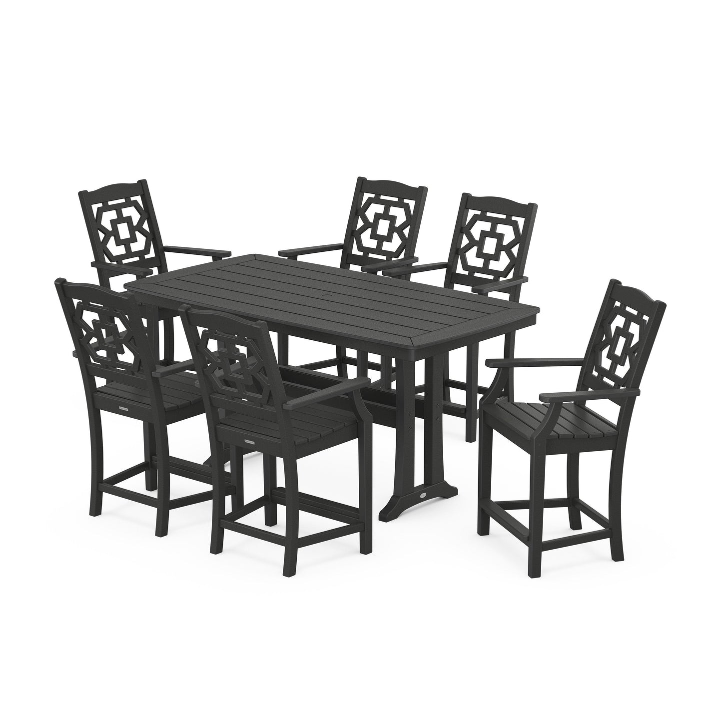 POLYWOOD Chinoiserie Arm Chair 7-Piece Counter Set with Trestle Legs — Black