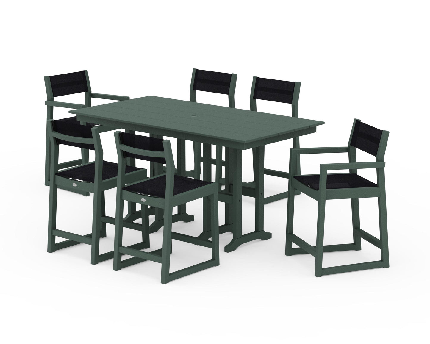 POLYWOOD EDGE Sling 7-Piece Farmhouse Counter Set with Trestle Legs — Green / Black Sling