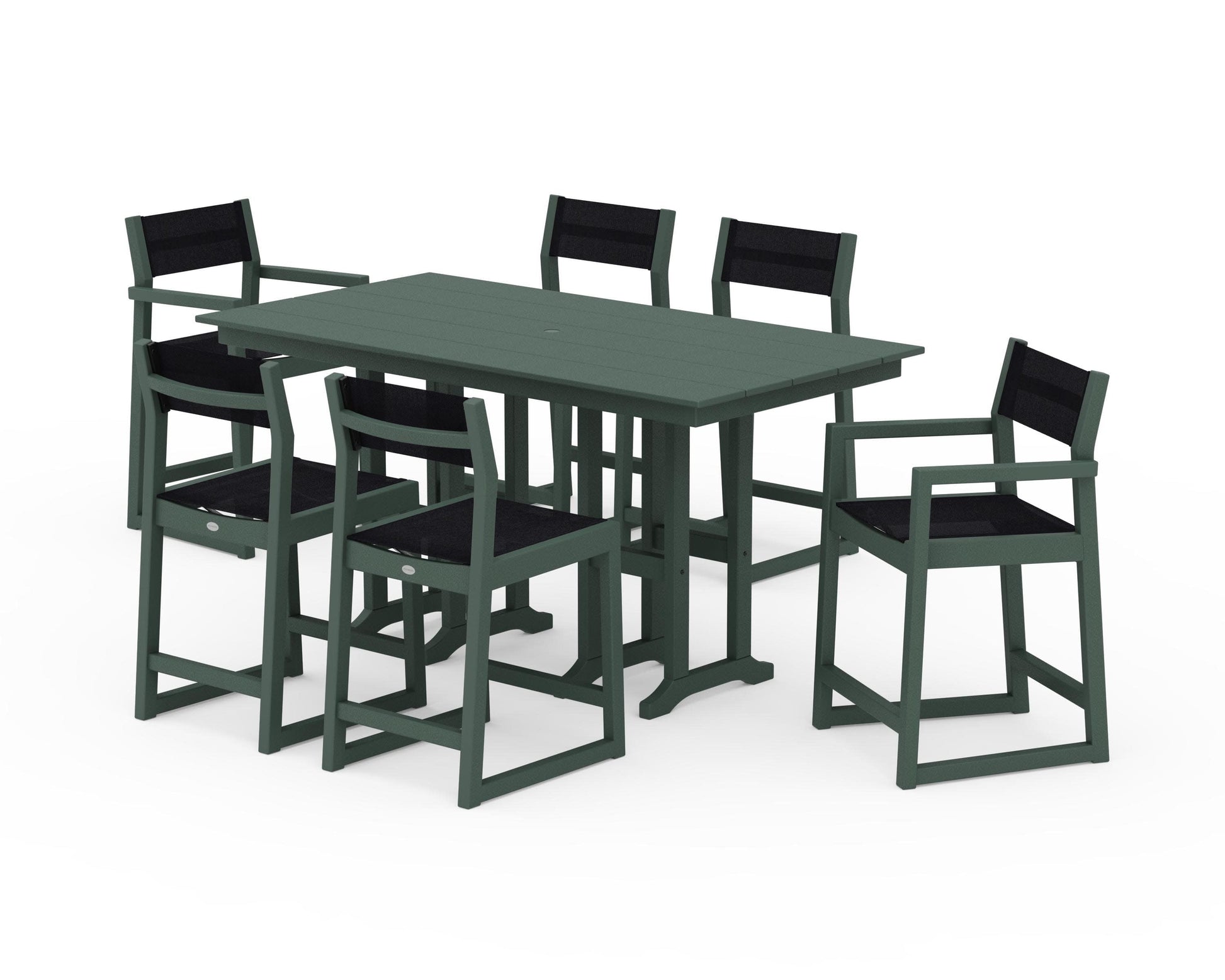 POLYWOOD EDGE Sling 7-Piece Farmhouse Counter Set with Trestle Legs — Green / Black Sling
