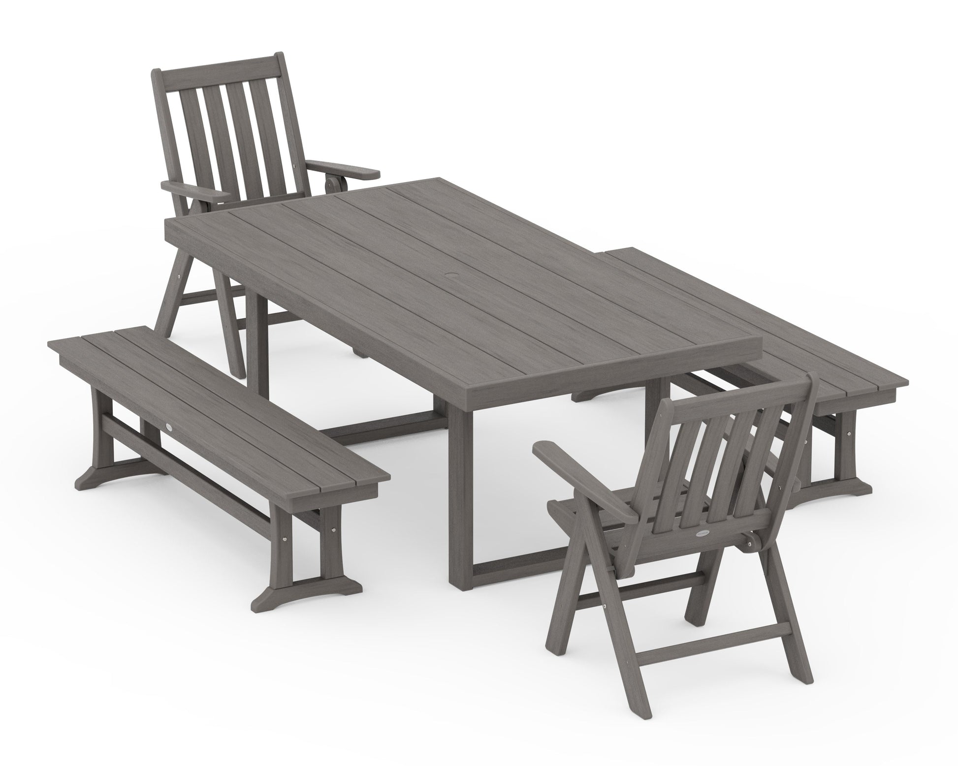 POLYWOOD Vineyard Folding Chair 5-Piece Dining Set with Benches — Driftwood