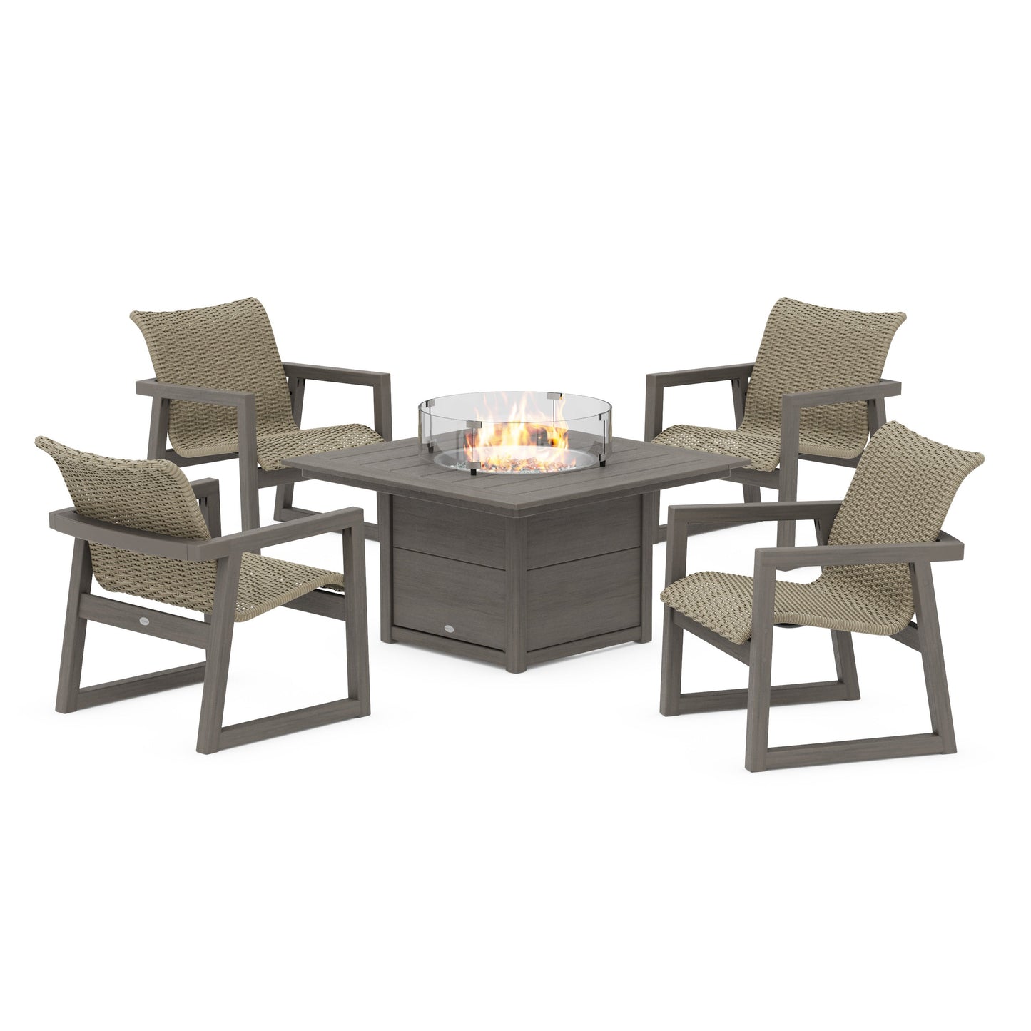 POLYWOOD EDGE Woven 5-Piece Lounge Chair Seating Set with Fire Pit Table — Driftwood / Dune Grass