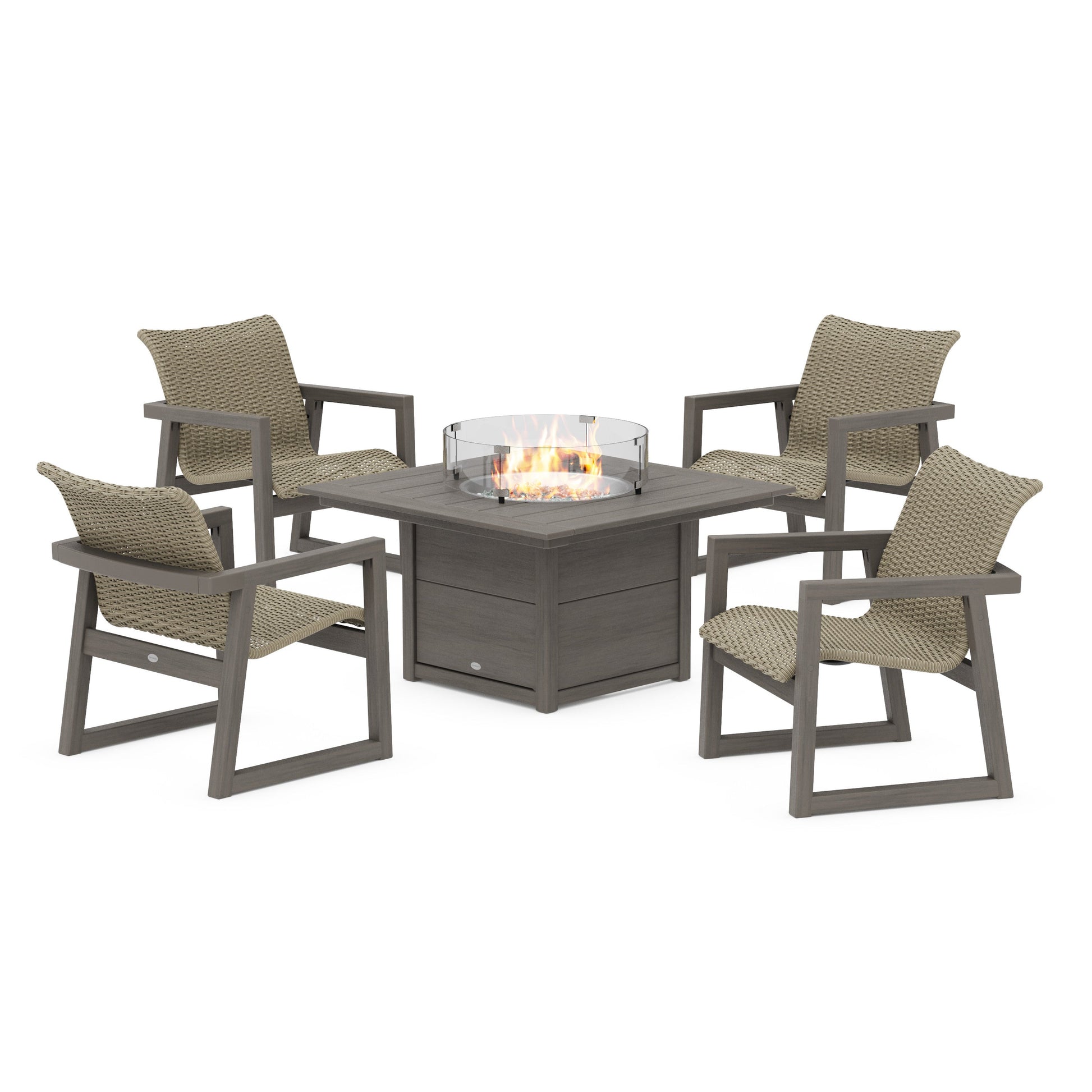 POLYWOOD EDGE Woven 5-Piece Lounge Chair Seating Set with Fire Pit Table — Driftwood / Dune Grass