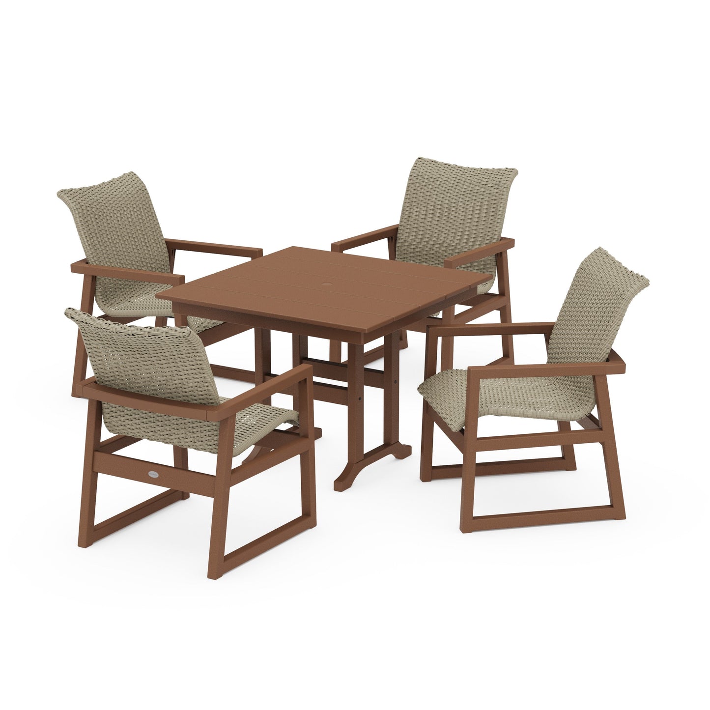 POLYWOOD EDGE Woven 5-Piece Farmhouse Dining Set — Teak / Dune Grass
