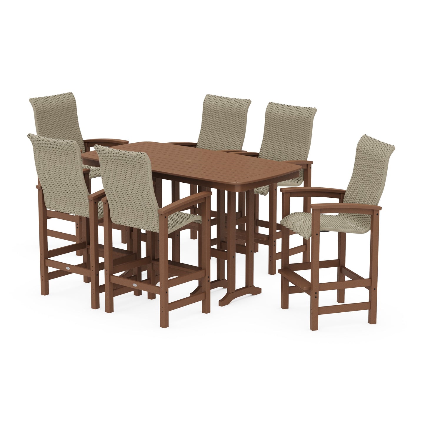 POLYWOOD Coastal Woven High-Back Arm Chair 7-Piece Bar Set — Teak / Dune Grass