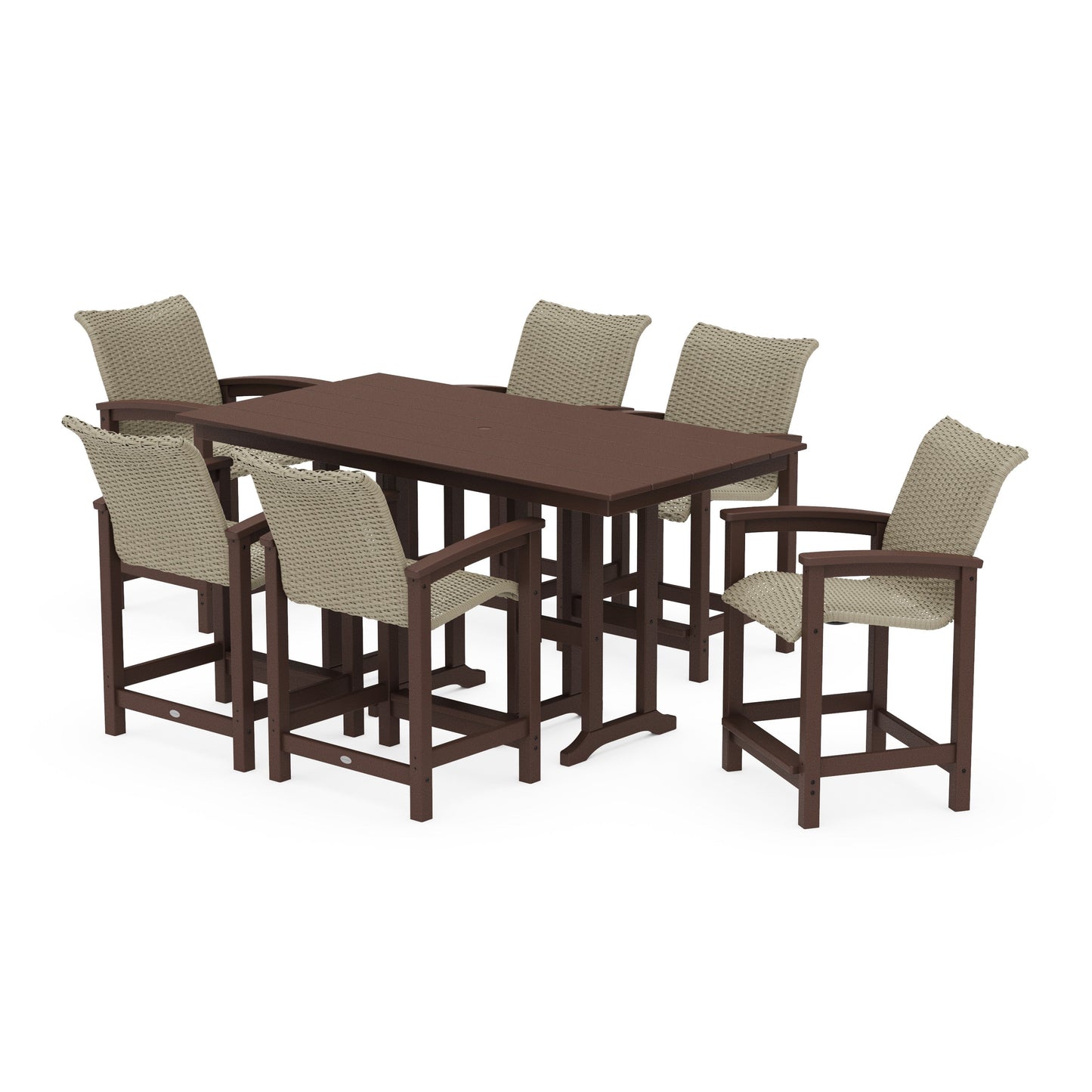 POLYWOOD Coastal Woven Arm Chair 7-Piece Farmhouse Counter Set — Mahogany / Dune Grass