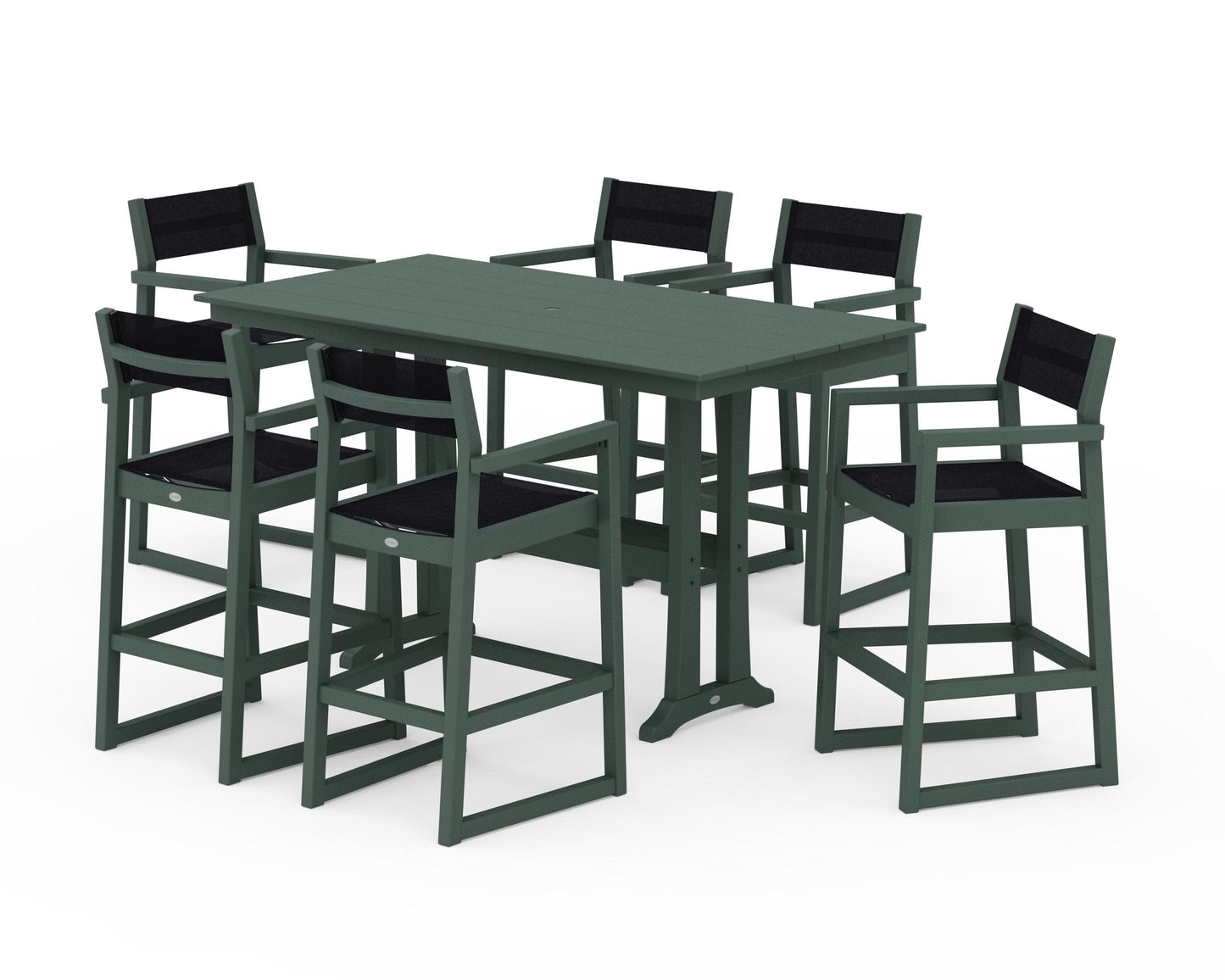 POLYWOOD EDGE Sling Arm Chair 7-Piece Farmhouse Bar Set with Trestle Legs — Green / Black Sling