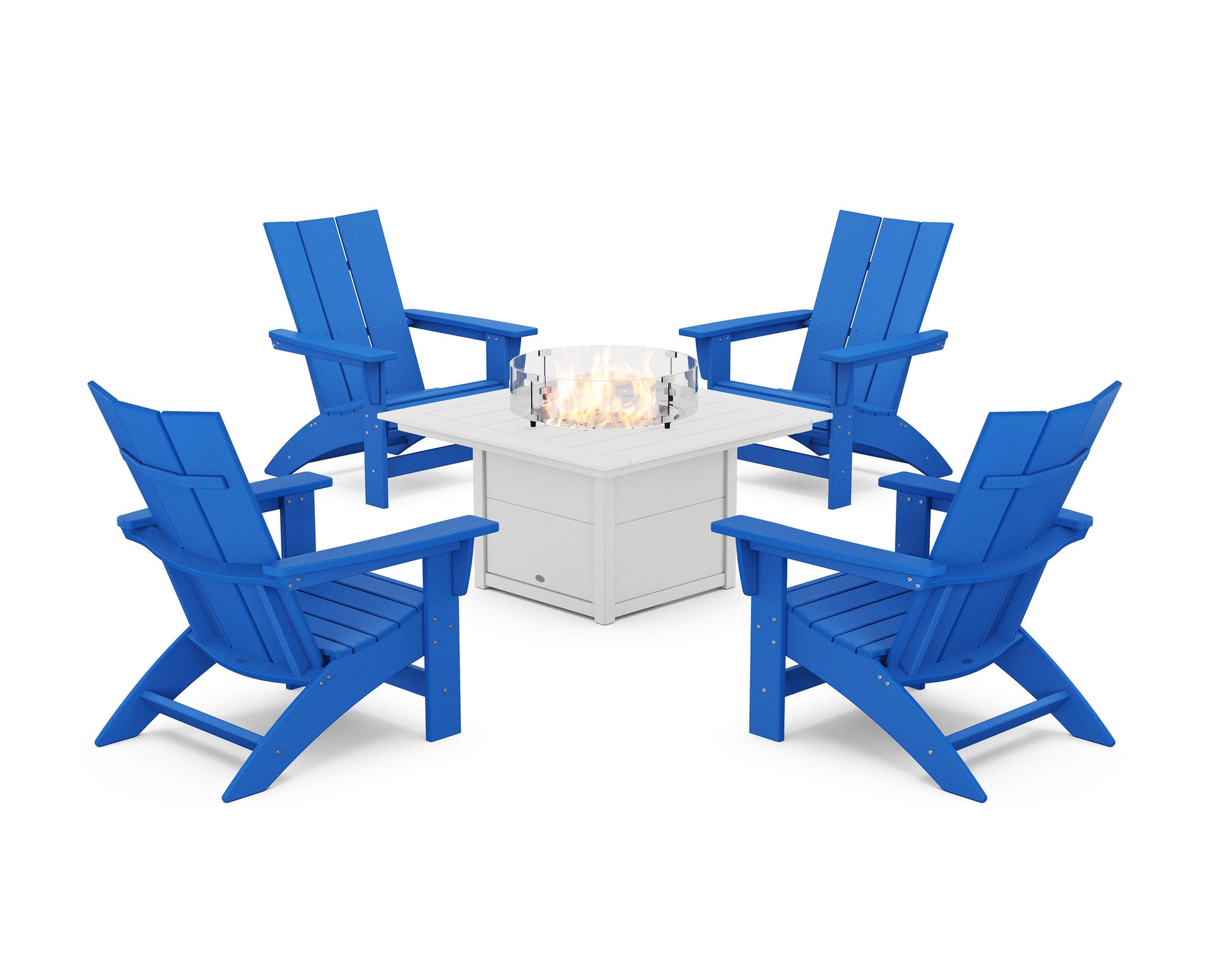 POLYWOOD 5-Piece Modern Grand Adirondack Conversation Set with Fire Pit Table — Pacific Blue / White
