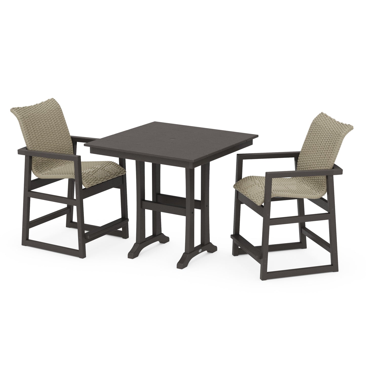 POLYWOOD EDGE Woven 3-Piece Farmhouse Counter Set with Trestle Legs — Vintage Coffee / Dune Grass