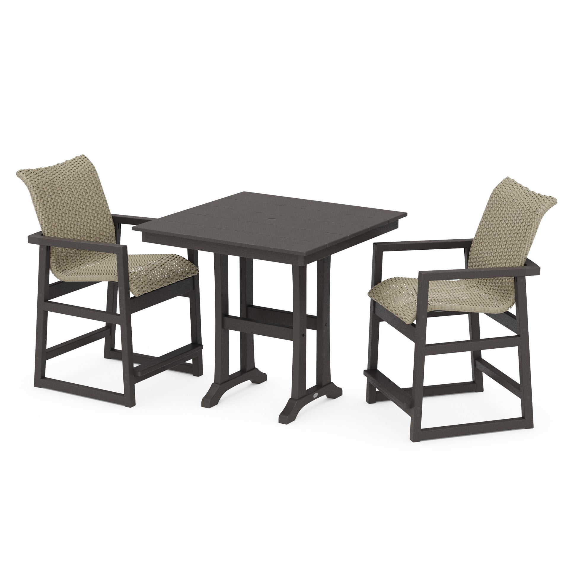 POLYWOOD EDGE Woven 3-Piece Farmhouse Counter Set with Trestle Legs — Vintage Coffee / Dune Grass
