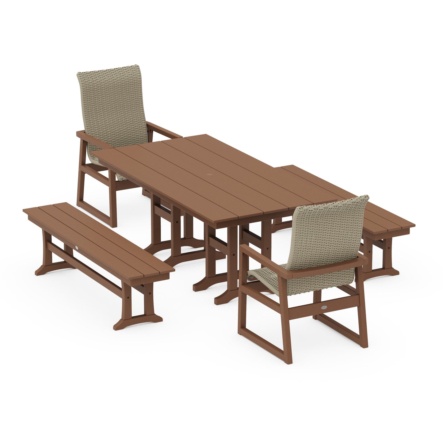 POLYWOOD EDGE Woven Highback 5-Piece Farmhouse Dining Set with Benches — Teak / Dune Grass