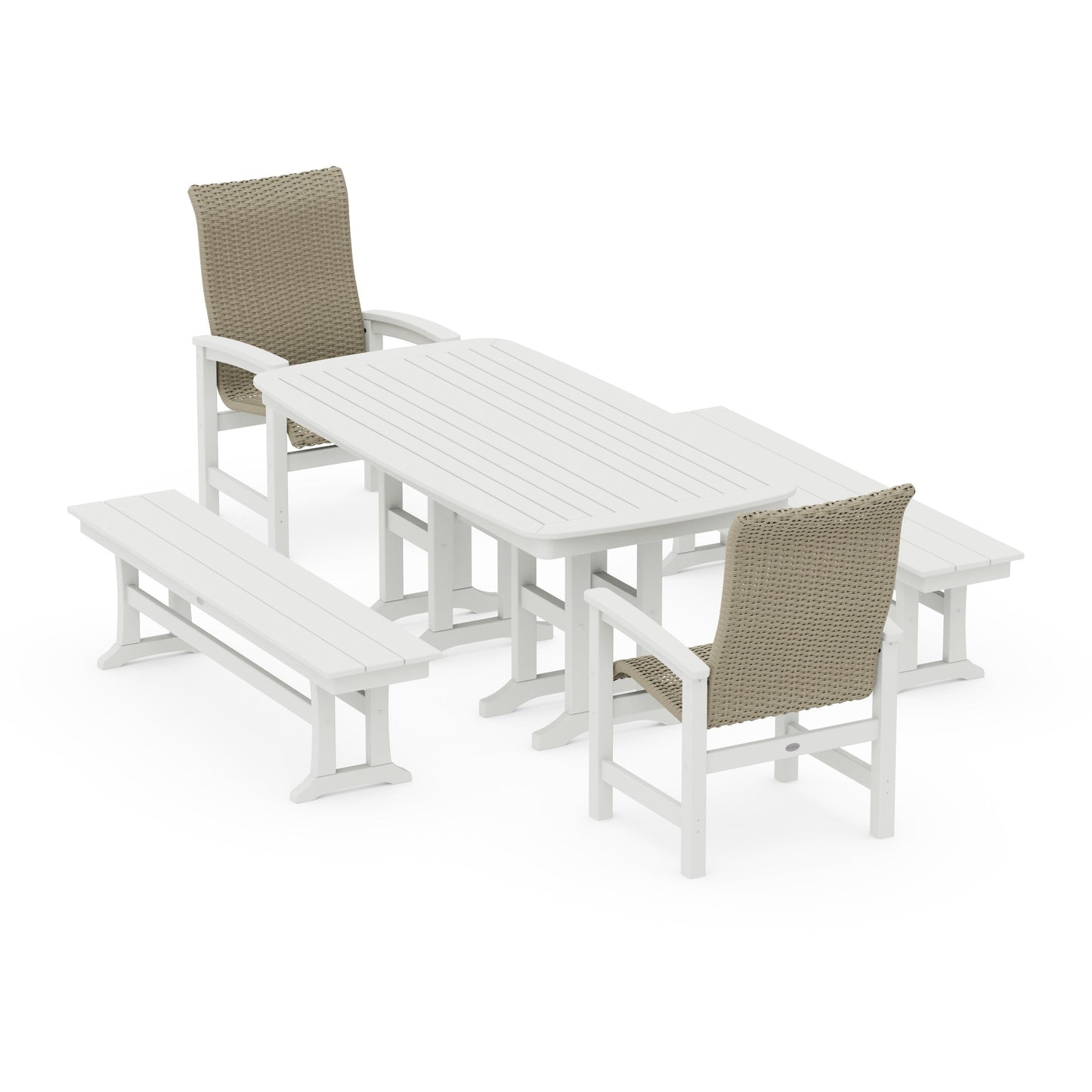 POLYWOOD Coastal Woven High-Back 5-Piece Dining Set with Benches — White / Dune Grass