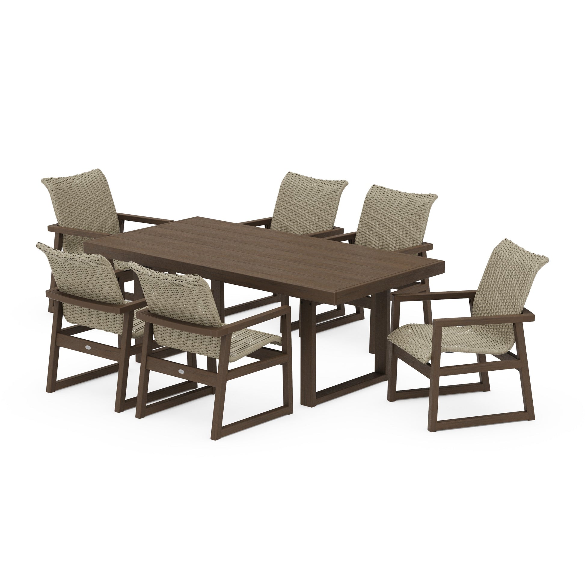 POLYWOOD EDGE Woven Arm Chair 7-Piece Dining Set — Kona / Dune Grass