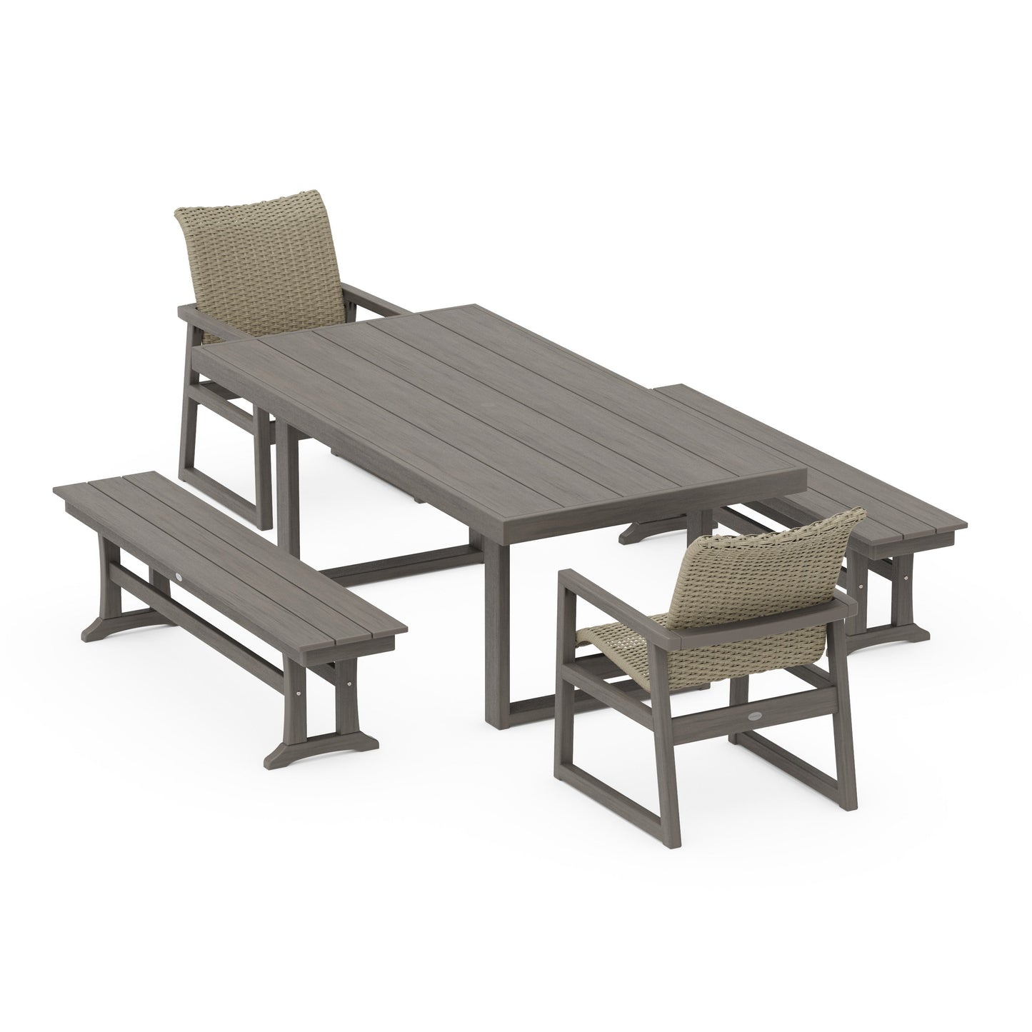 POLYWOOD EDGE Woven 5-Piece Dining Set with Benches — Driftwood / Dune Grass