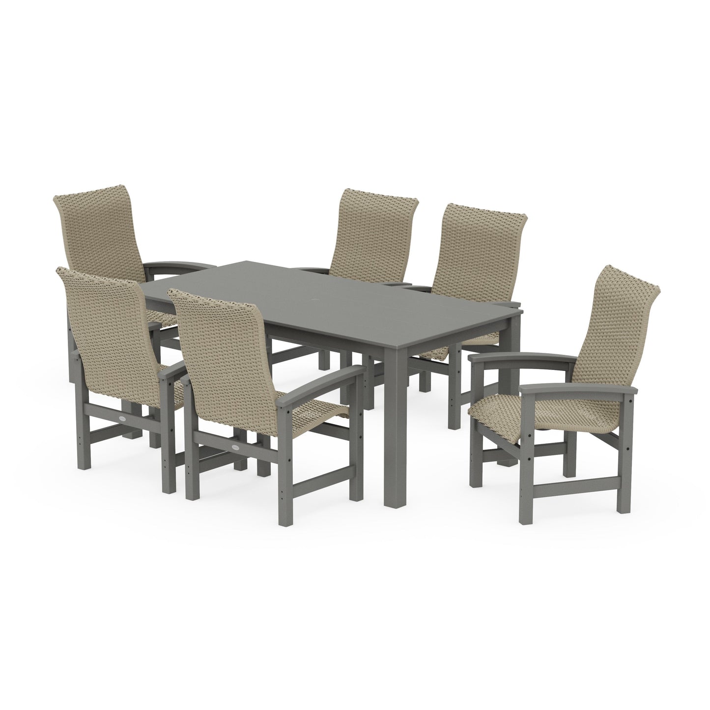 POLYWOOD Coastal Woven High-Back Arm Chair 7-Piece Parsons Dining Set — Slate Grey / Dune Grass