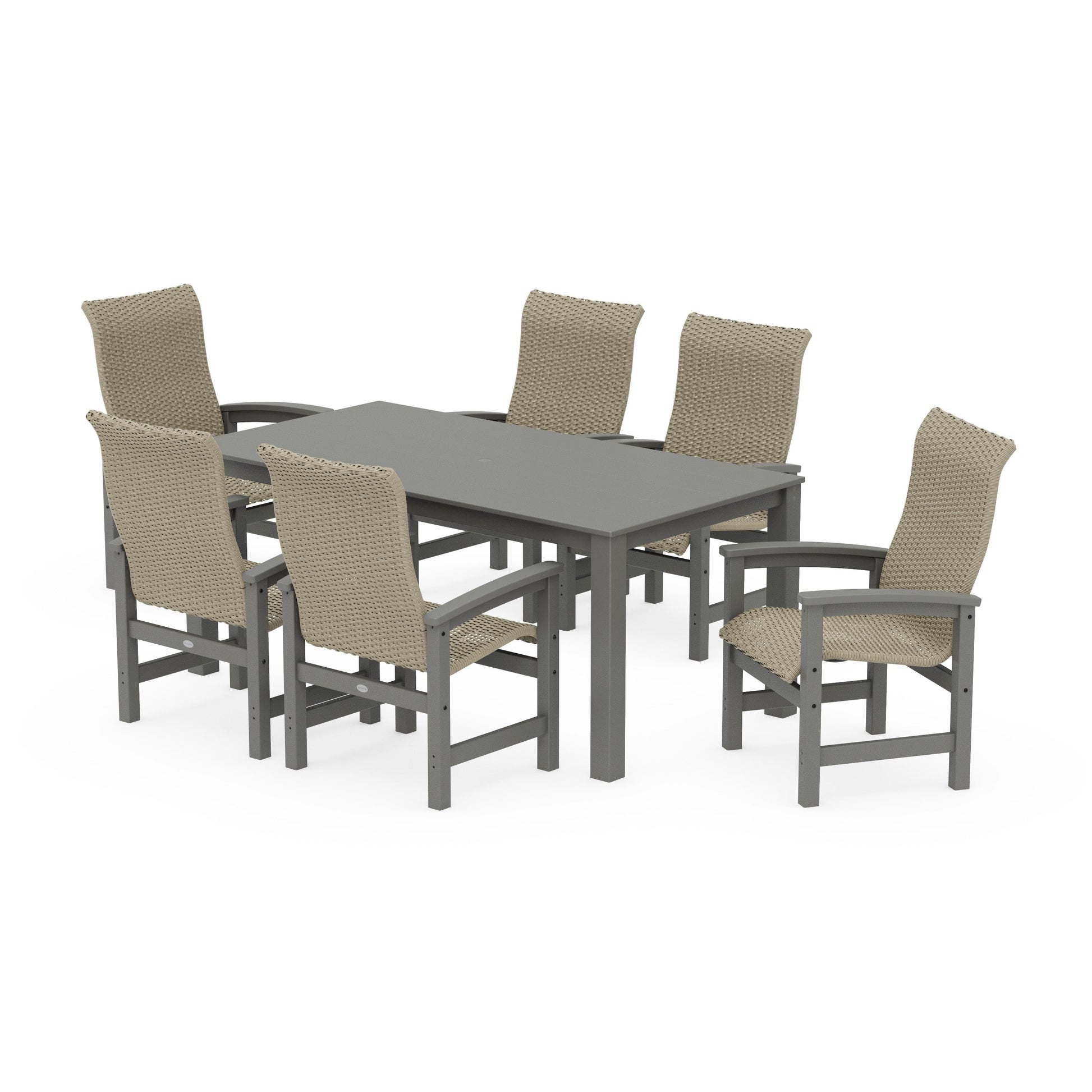 POLYWOOD Coastal Woven High-Back Arm Chair 7-Piece Parsons Dining Set — Slate Grey / Dune Grass