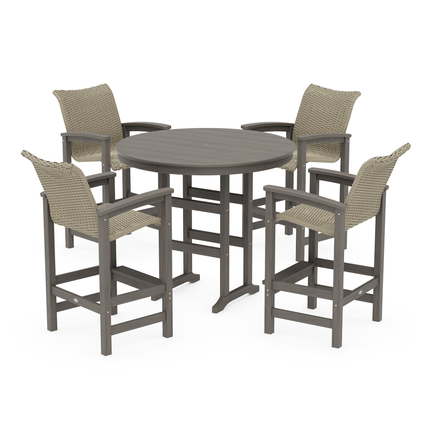 POLYWOOD Coastal Woven 5-Piece Round Farmhouse Bar Set — Driftwood / Dune Grass