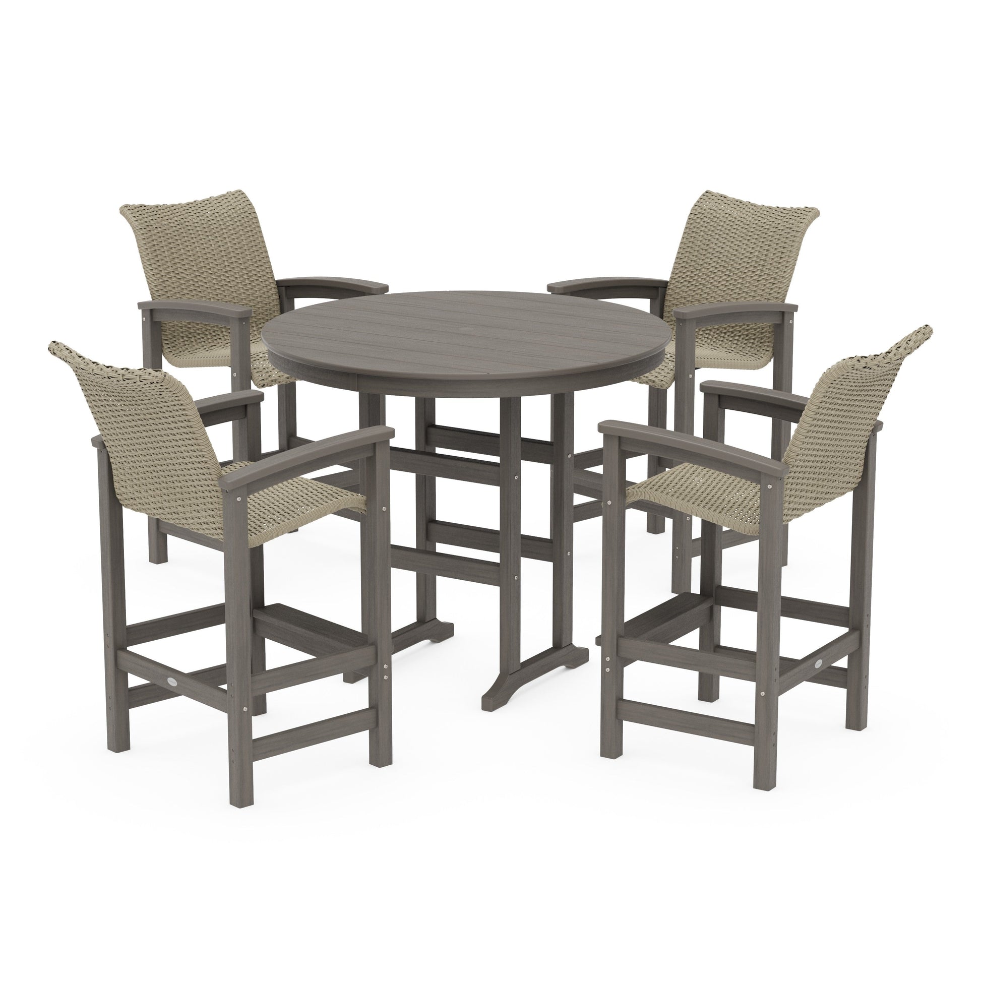 POLYWOOD Coastal Woven 5-Piece Round Farmhouse Bar Set — Driftwood / Dune Grass