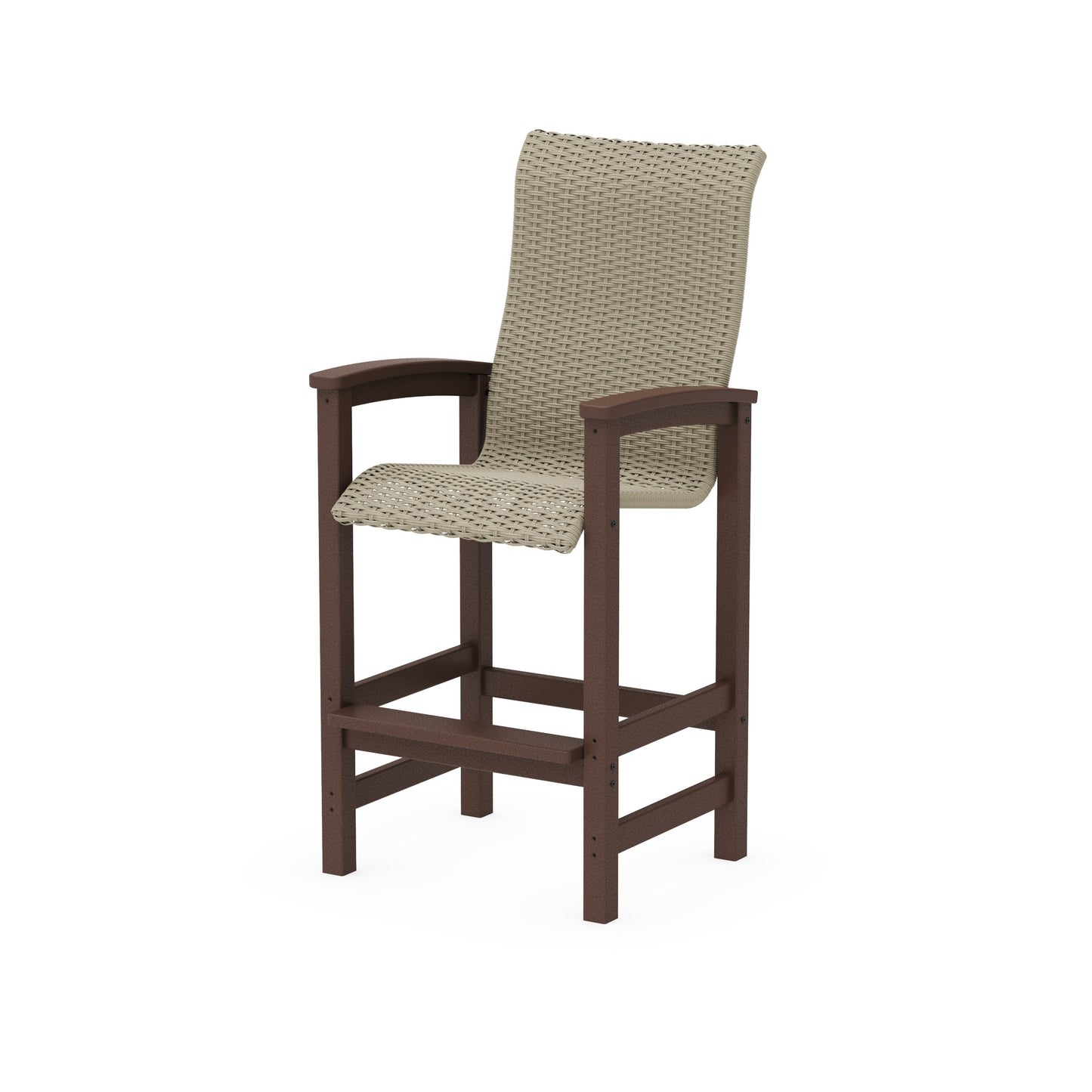 POLYWOOD Coastal Woven High-Back Bar Chair — Mahogany / Dune Grass