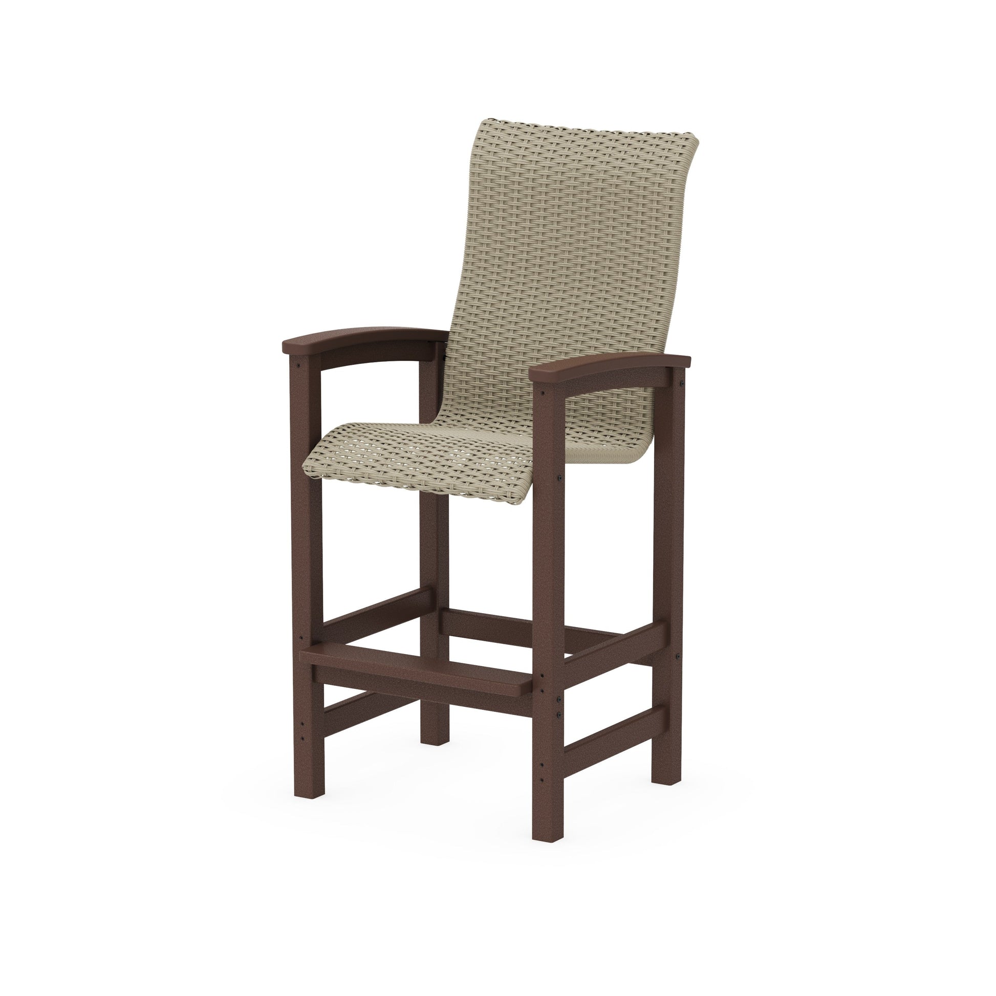 POLYWOOD Coastal Woven High-Back Bar Chair — Mahogany / Dune Grass