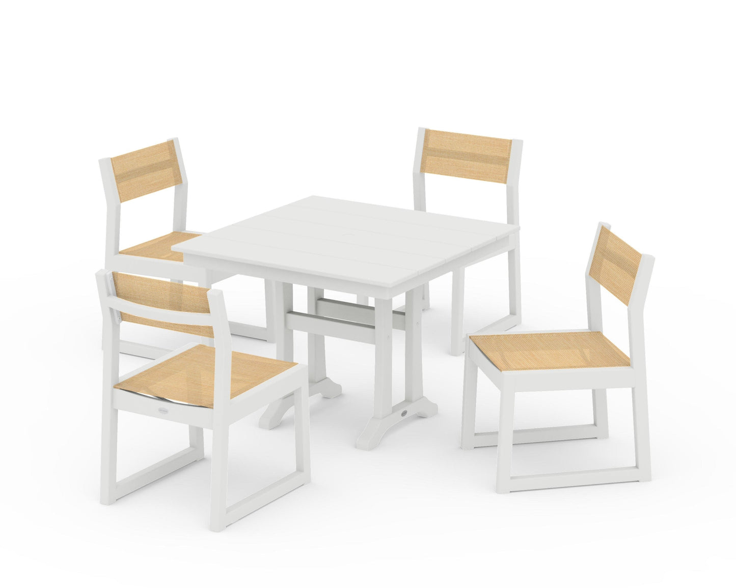 POLYWOOD EDGE Sling 5-Piece Farmhouse Trestle Side Chair Dining Set — Vintage White / Dupioni Apricot Sling
