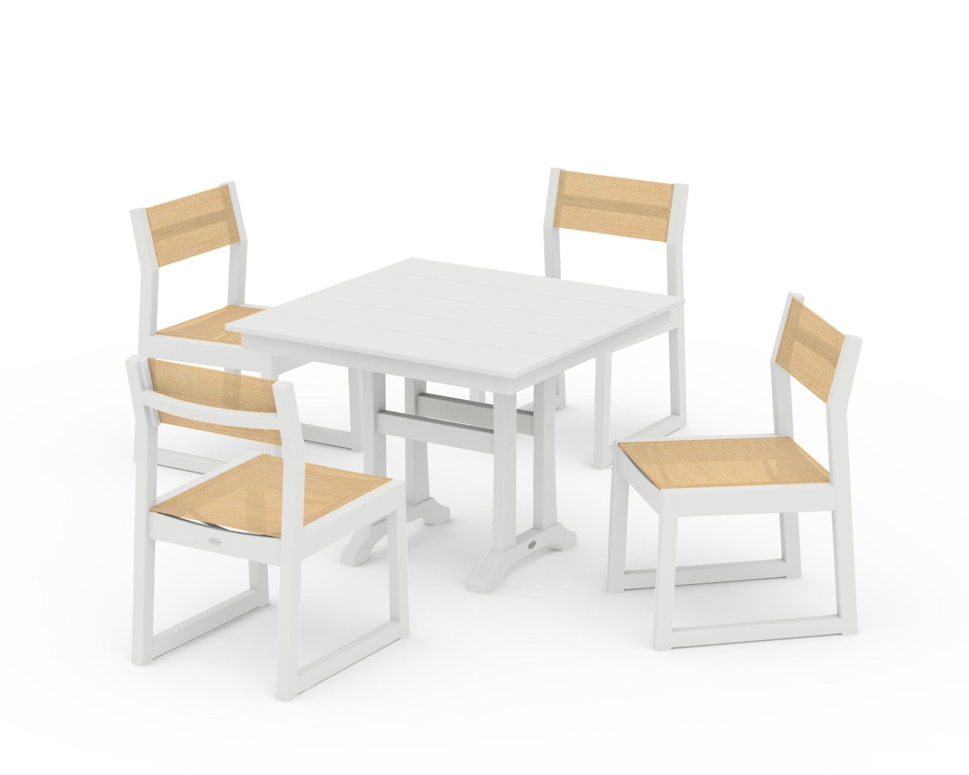 POLYWOOD EDGE Sling 5-Piece Farmhouse Trestle Side Chair Dining Set — Vintage White / Dupioni Apricot Sling
