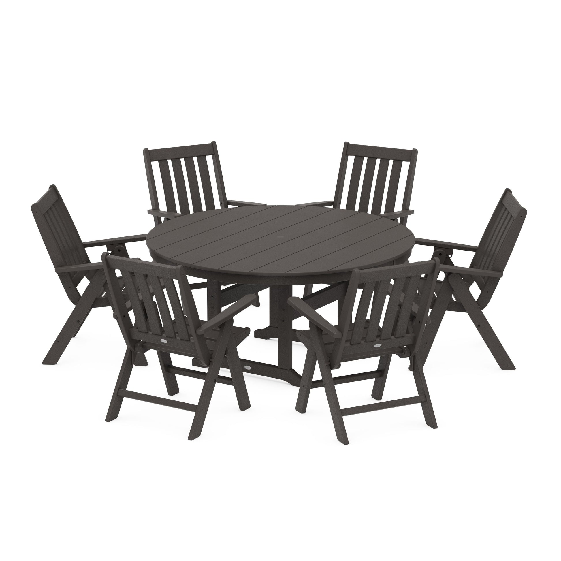 POLYWOOD Vineyard 7-Piece Folding Chair Round Farmhouse Dining Set — Vintage Coffee
