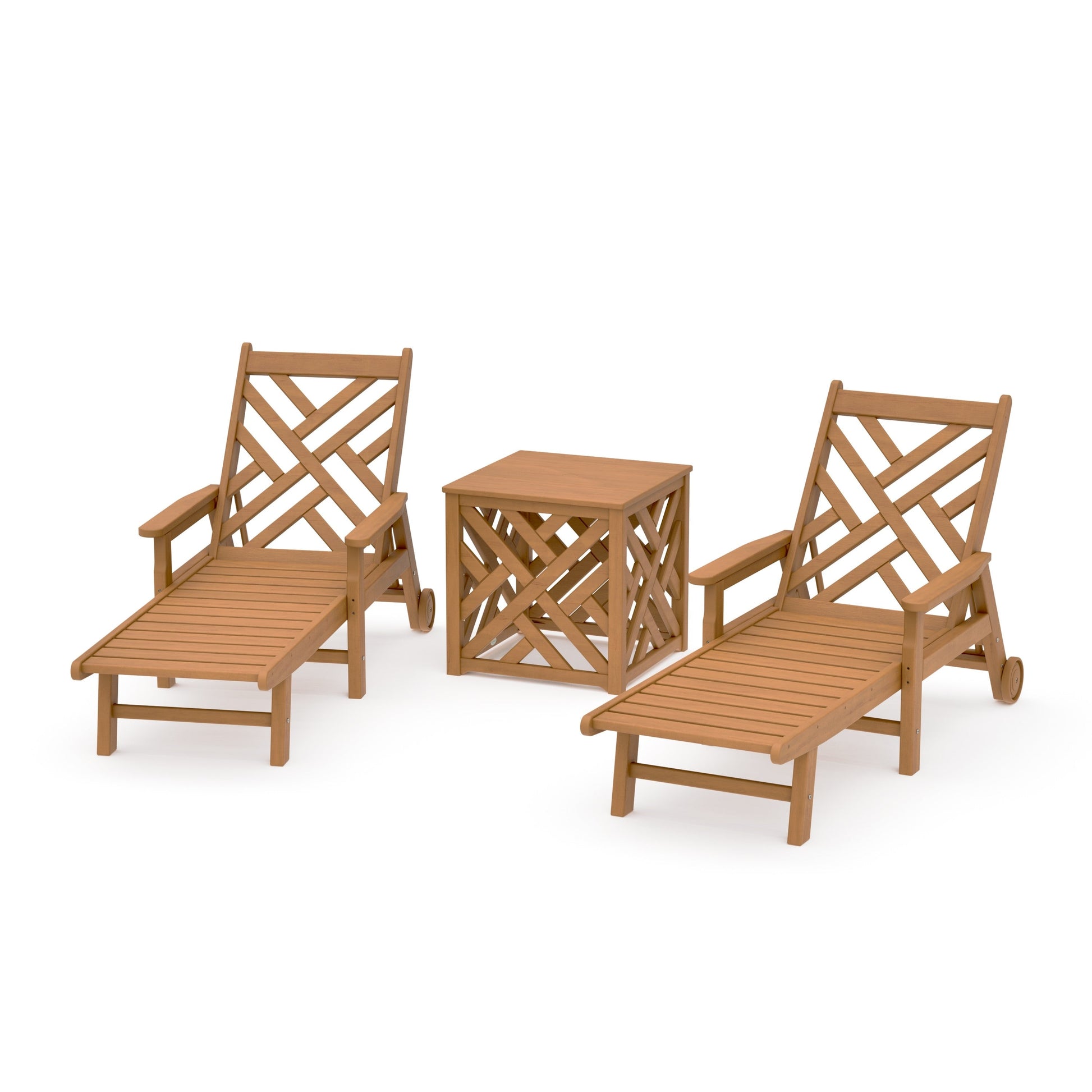 POLYWOOD Chippendale 3-Piece Chaise Set with Umbrella Stand Accent Table — Natural