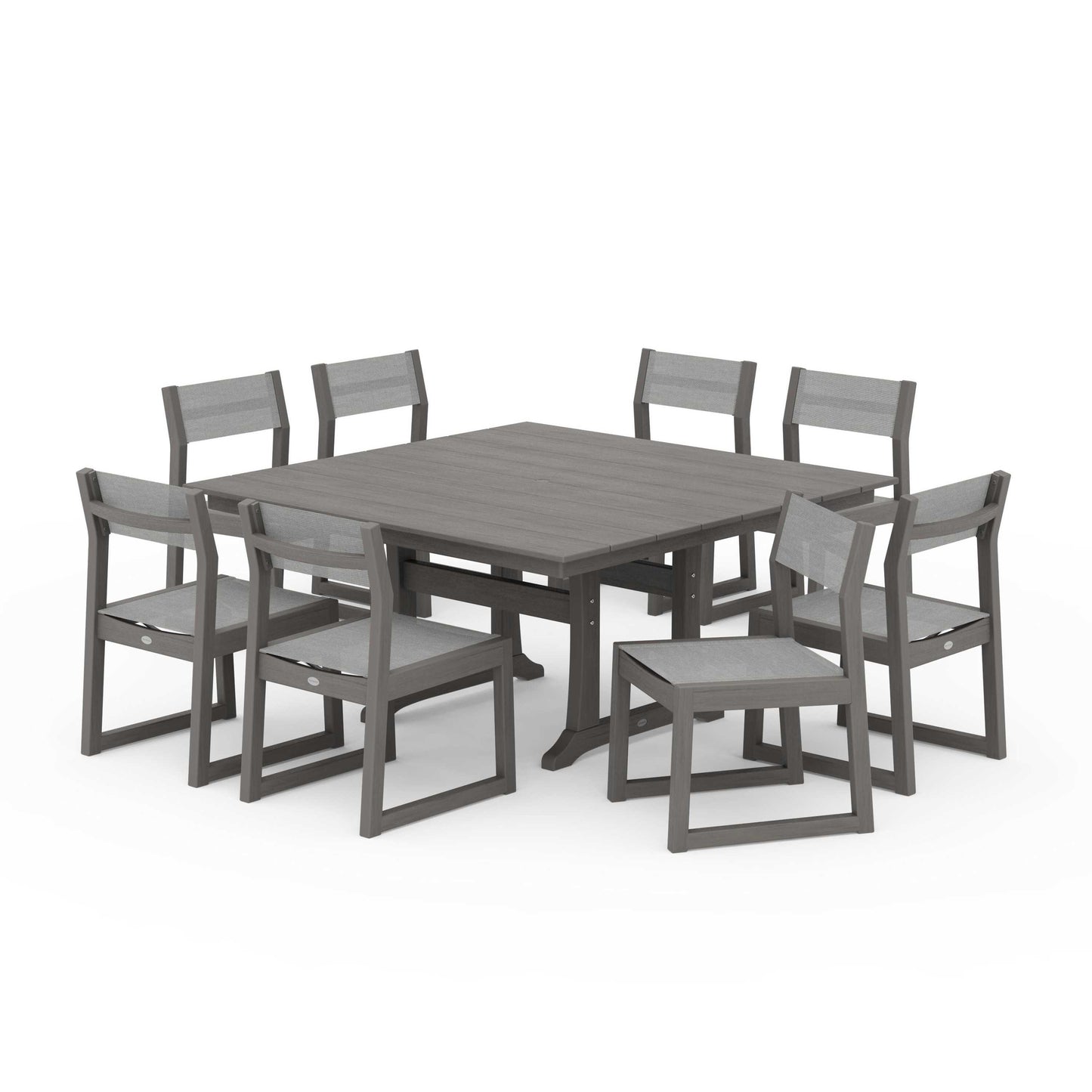 POLYWOOD EDGE Sling Side Chair 9-Piece Farmhouse Trestle Dining Set — Driftwood / Metallic Sling