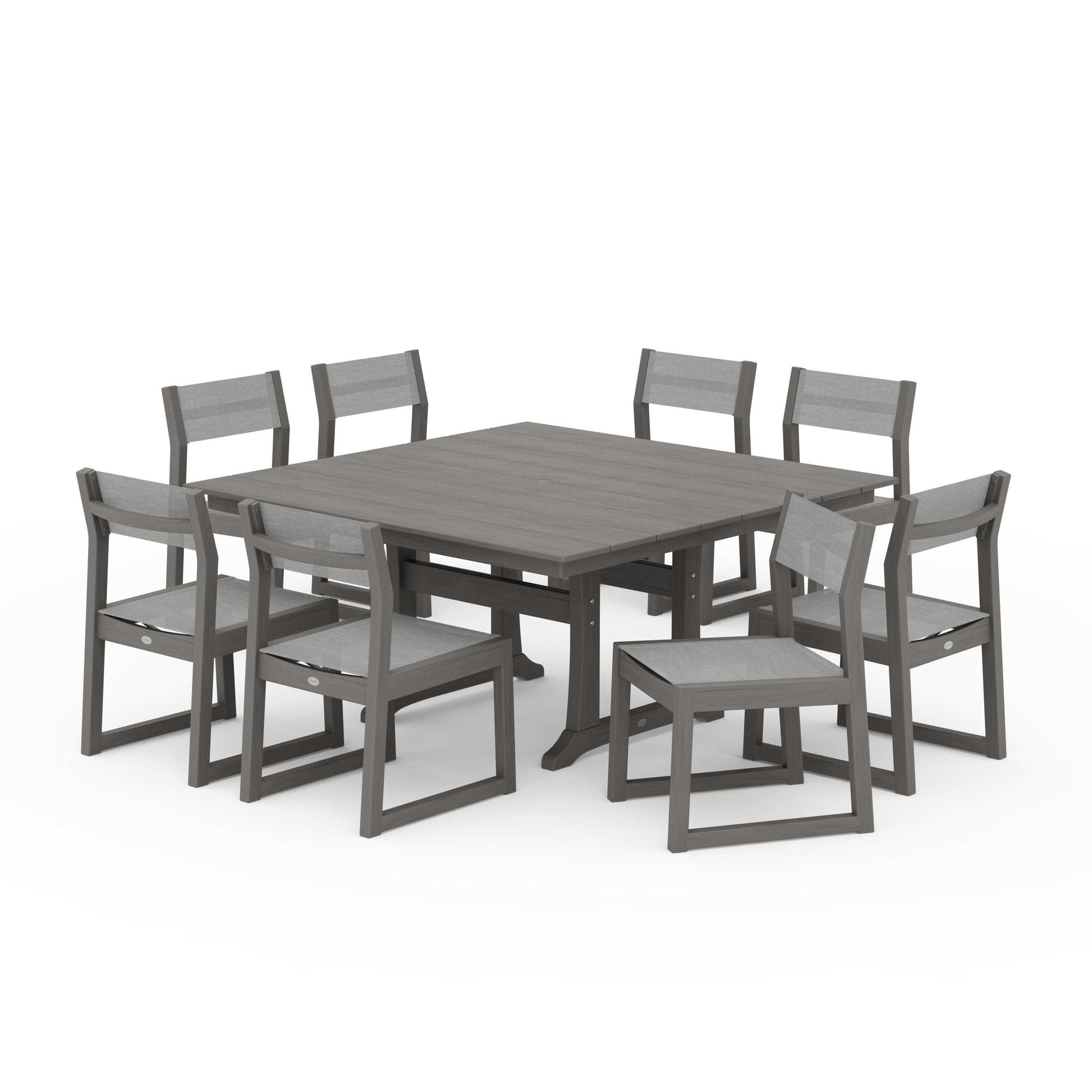 POLYWOOD EDGE Sling Side Chair 9-Piece Farmhouse Trestle Dining Set — Driftwood / Metallic Sling