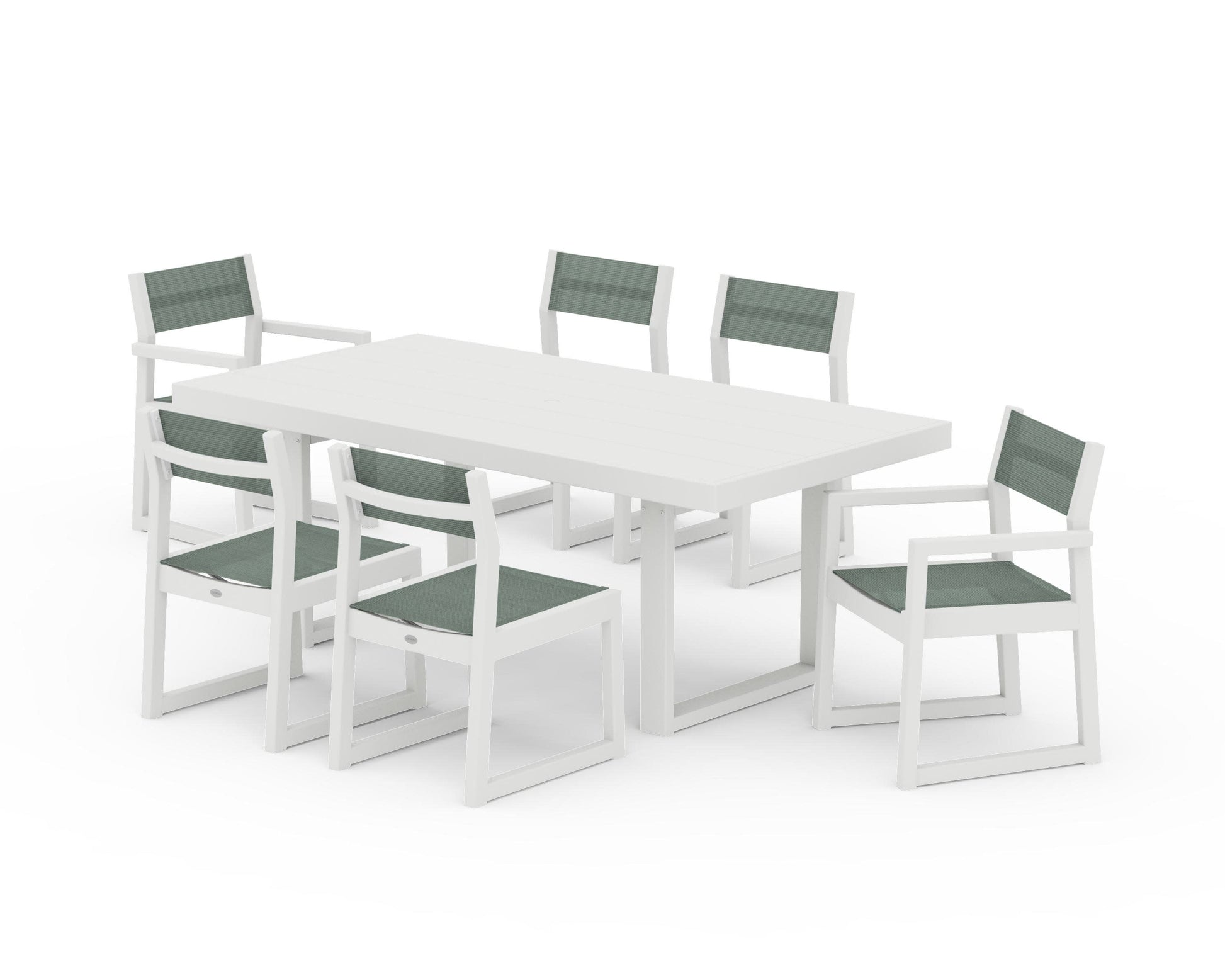 POLYWOOD EDGE Sling 7-Piece Dining Set — Vintage White / Dupioni Sea Mist Sling
