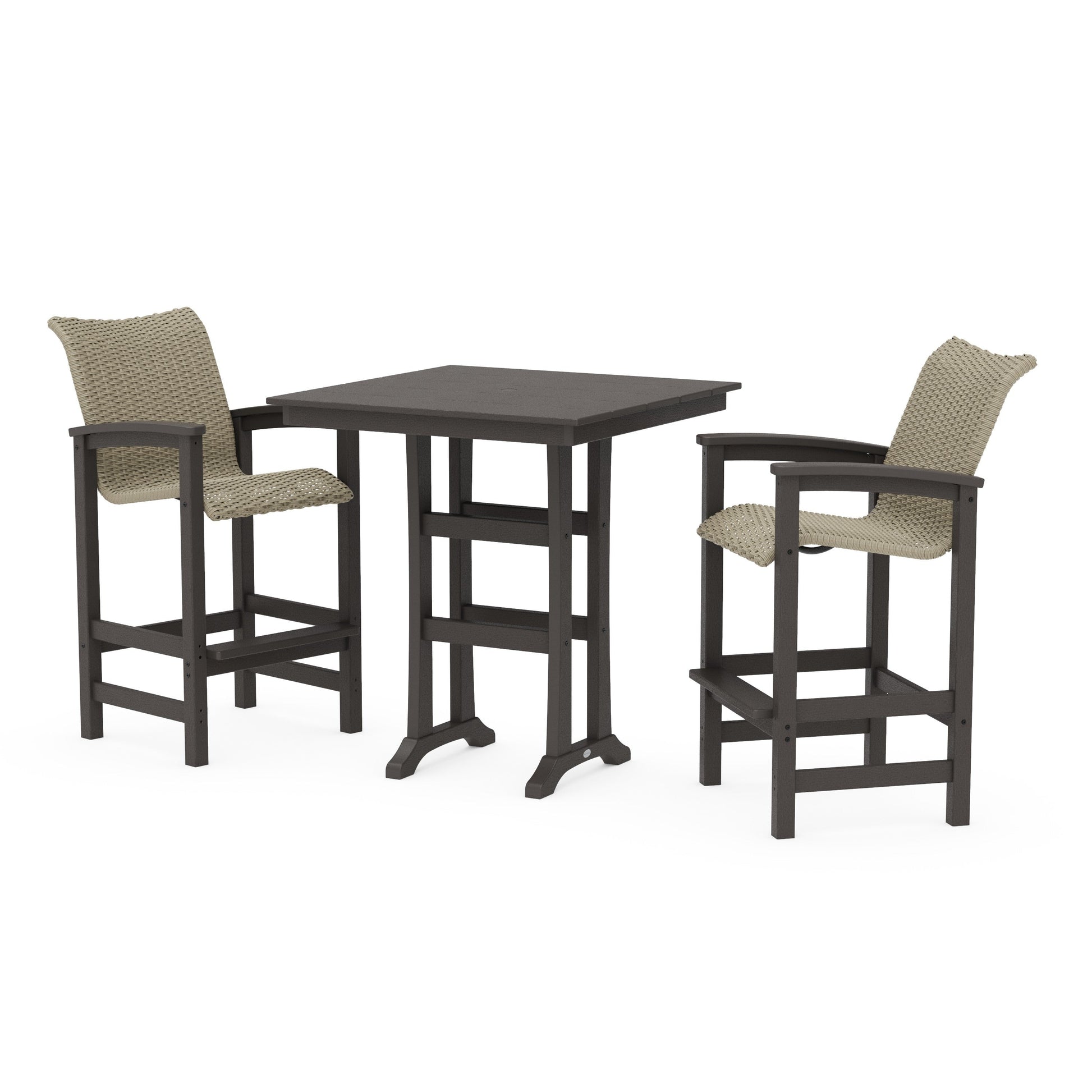 POLYWOOD Coastal Woven 3-Piece Farmhouse Bar Set with Trestle Legs — Vintage Coffee / Dune Grass