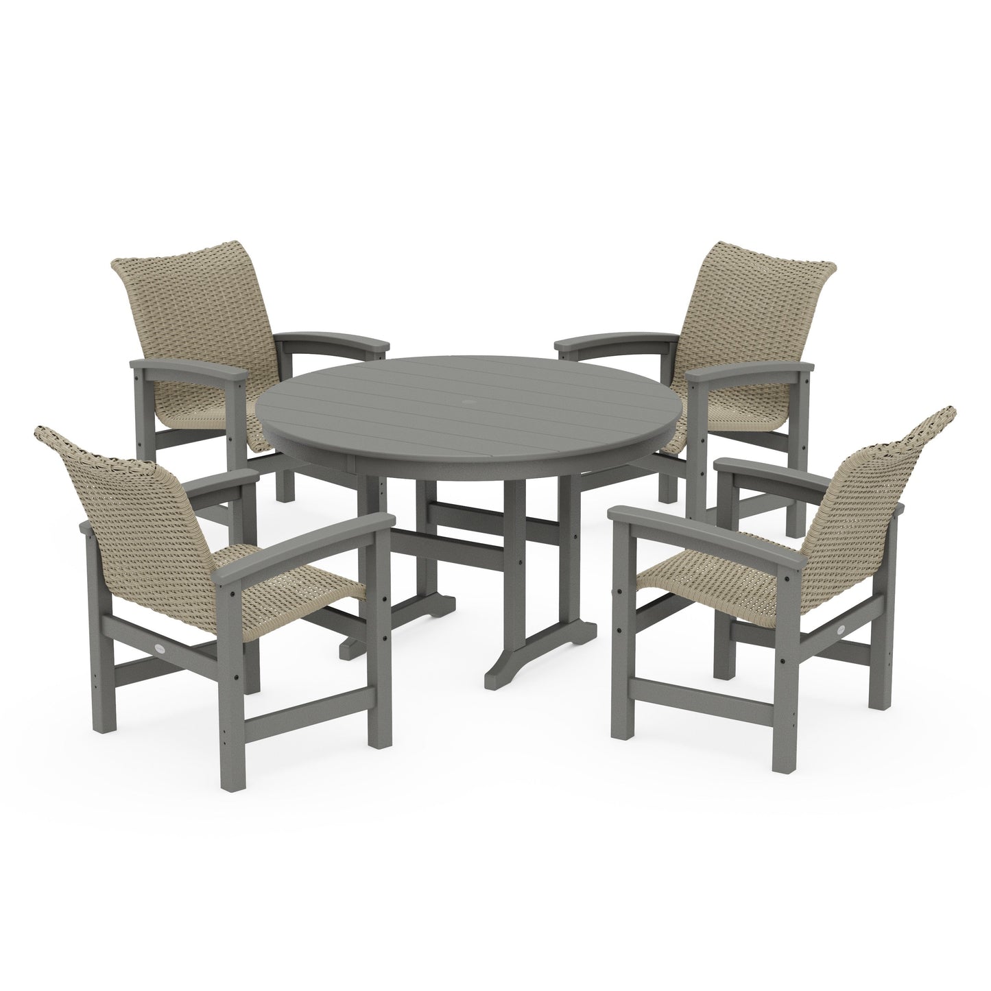 POLYWOOD Coastal Woven 5-Piece Round Farmhouse Dining Set — Slate Grey / Dune Grass