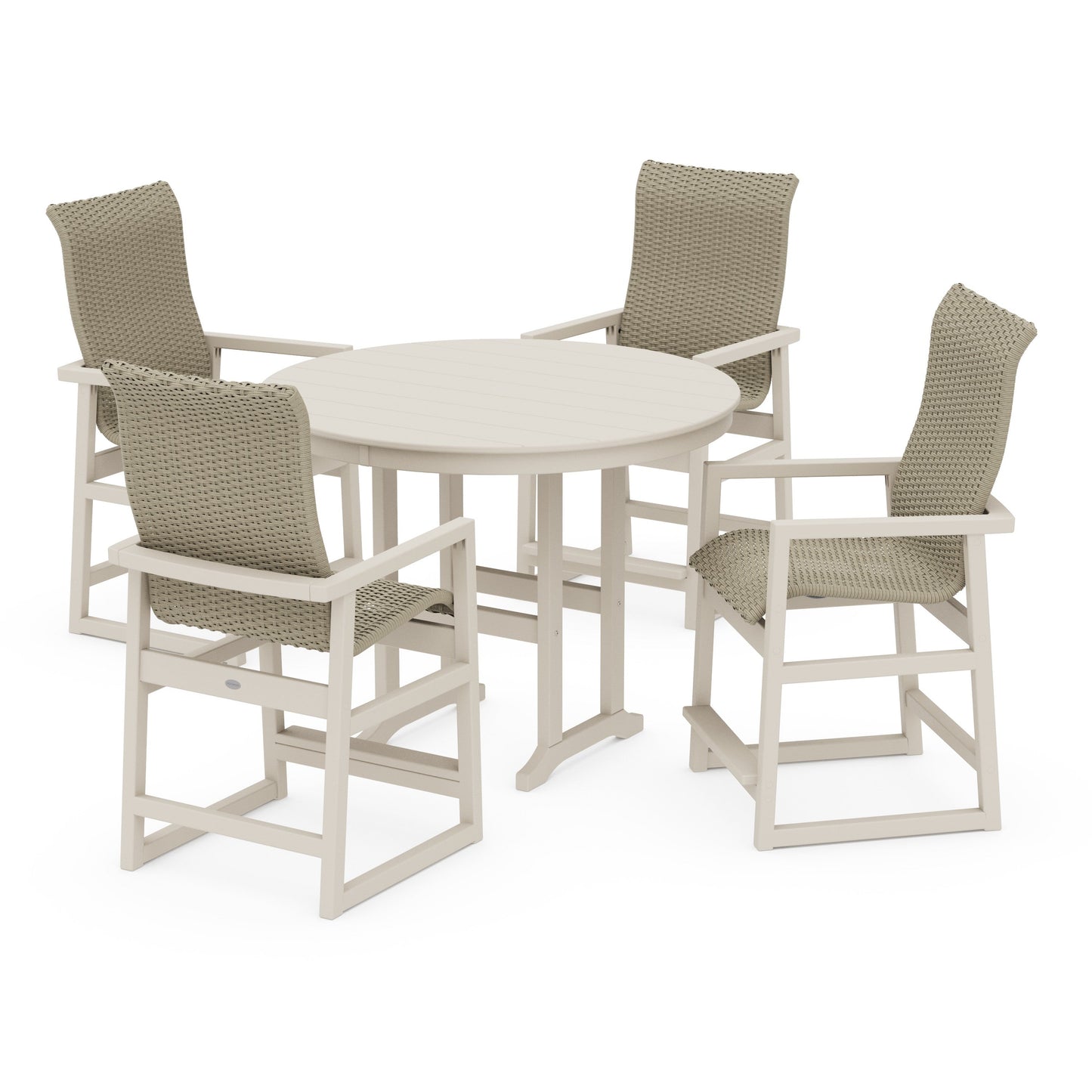 POLYWOOD EDGE Woven Highback 5-Piece Round Farmhouse Counter Set — Sand / Dune Grass