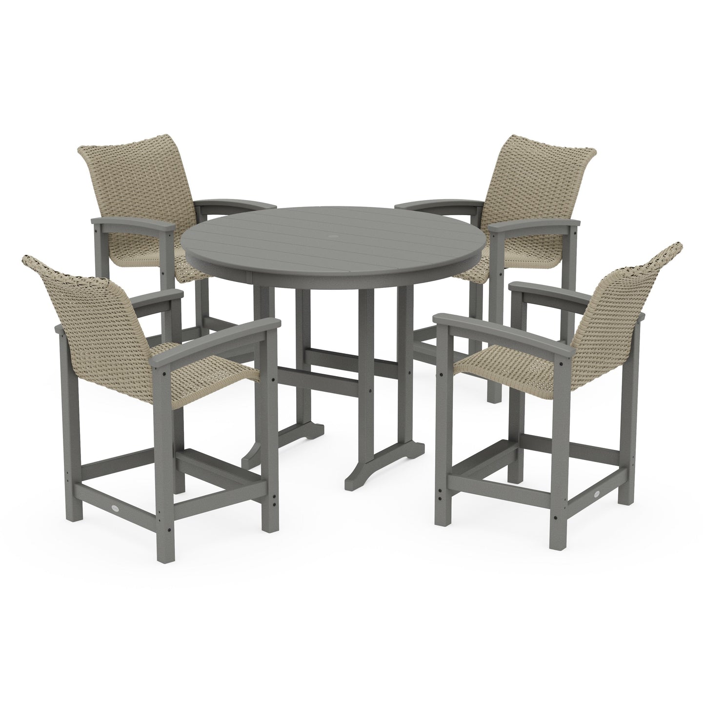 POLYWOOD Coastal Woven 5-Piece Round Farmhouse Counter Set — Slate Grey / Dune Grass