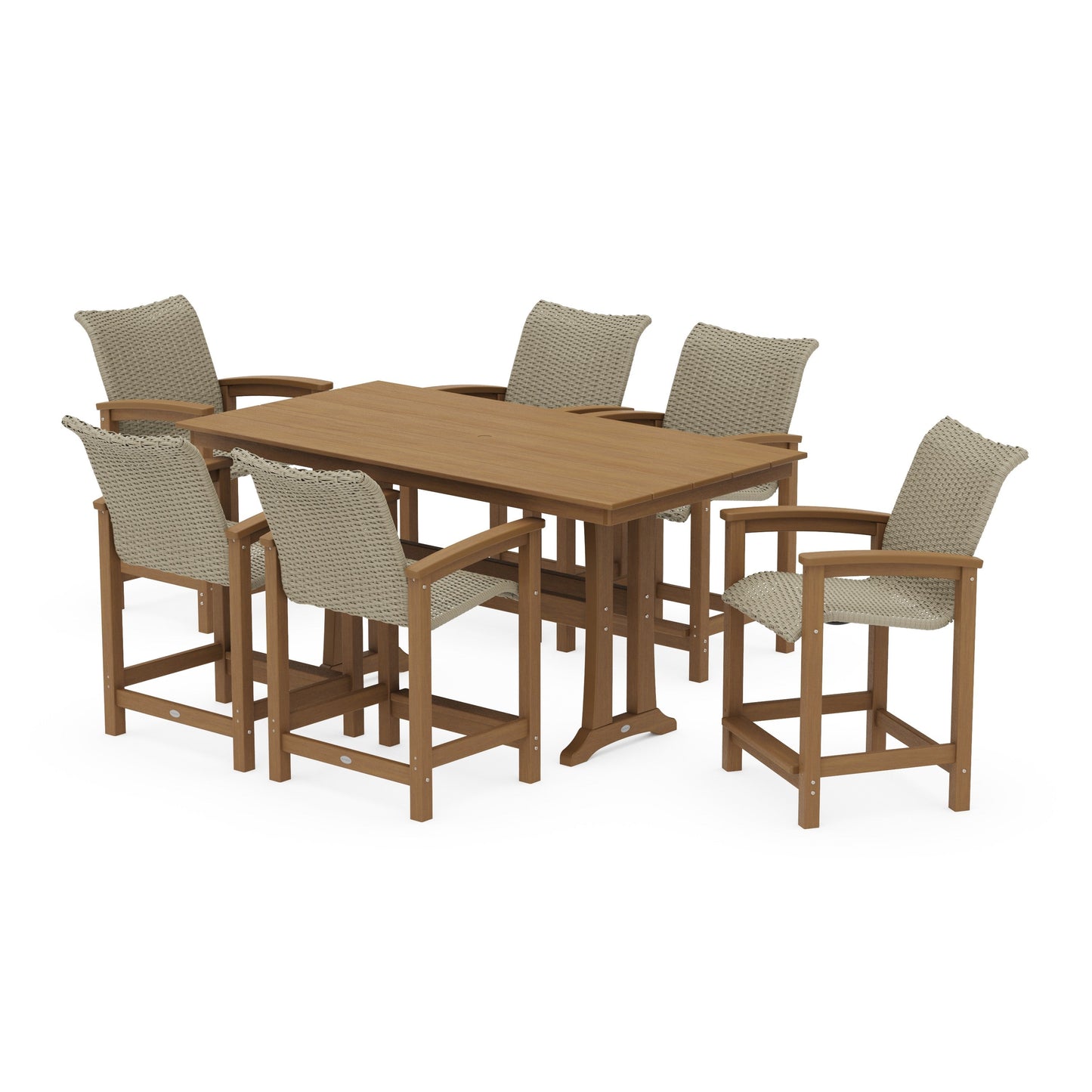 POLYWOOD Coastal Woven Arm Chair 7-Piece Farmhouse Counter Set with Trestle Legs — Natural / Dune Grass