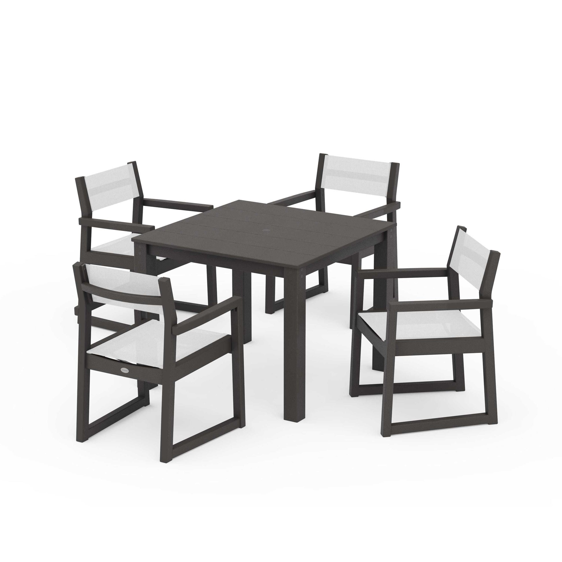 POLYWOOD EDGE Sling Arm Chair 5-Piece Parsons Dining Set — Vintage Coffee / White Sling