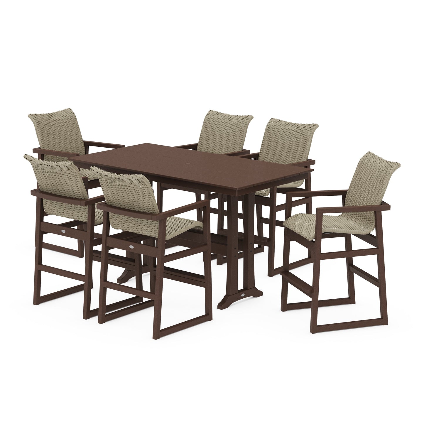 POLYWOOD EDGE Woven Arm Chair 7-Piece Farmhouse Bar Set with Trestle Legs — Mahogany / Dune Grass