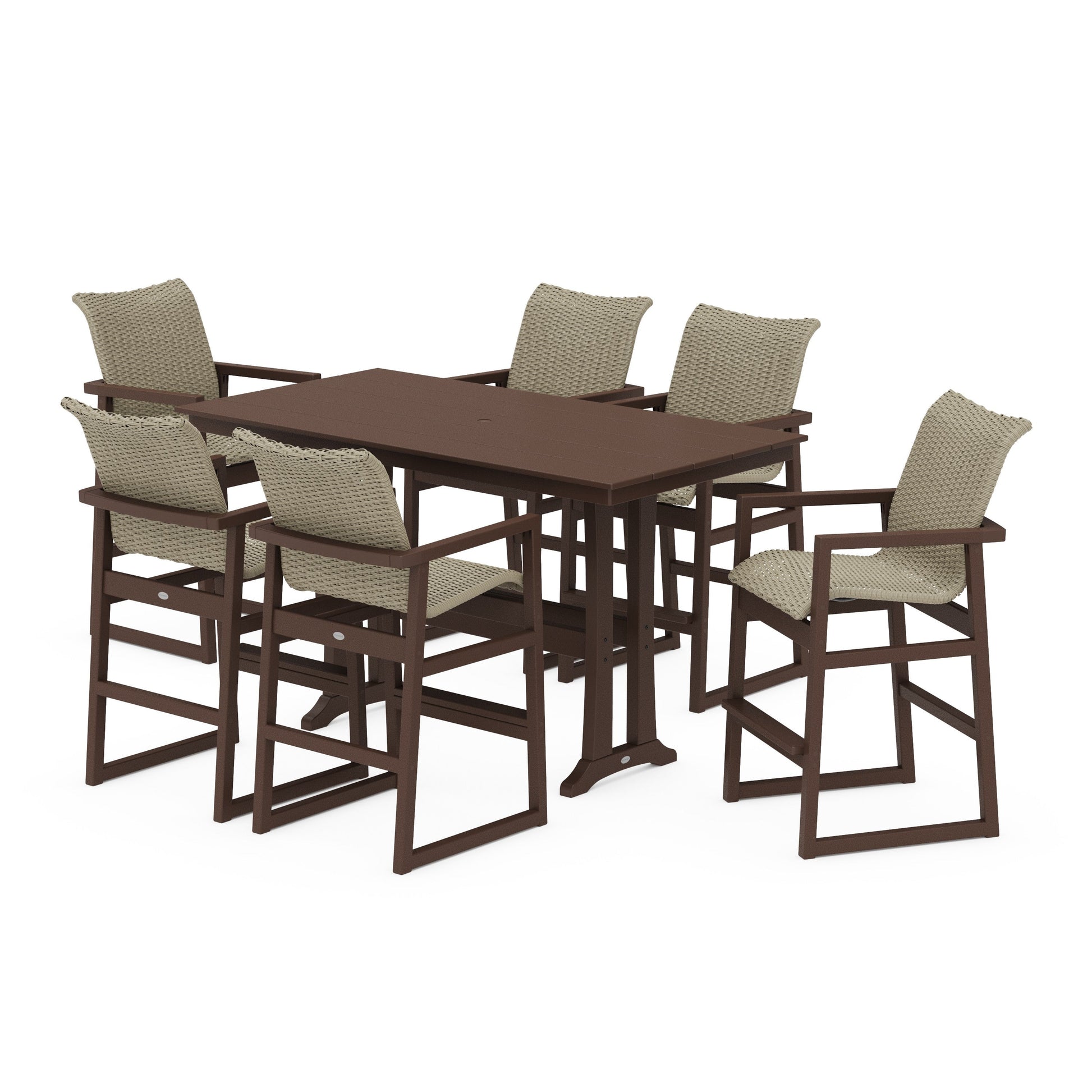 POLYWOOD EDGE Woven Arm Chair 7-Piece Farmhouse Bar Set with Trestle Legs — Mahogany / Dune Grass