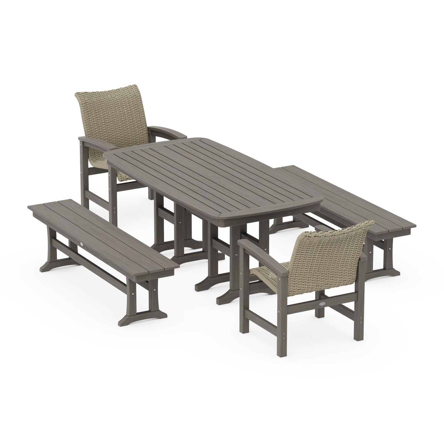 POLYWOOD Coastal Woven 5-Piece Dining Set with Benches — Driftwood / Dune Grass