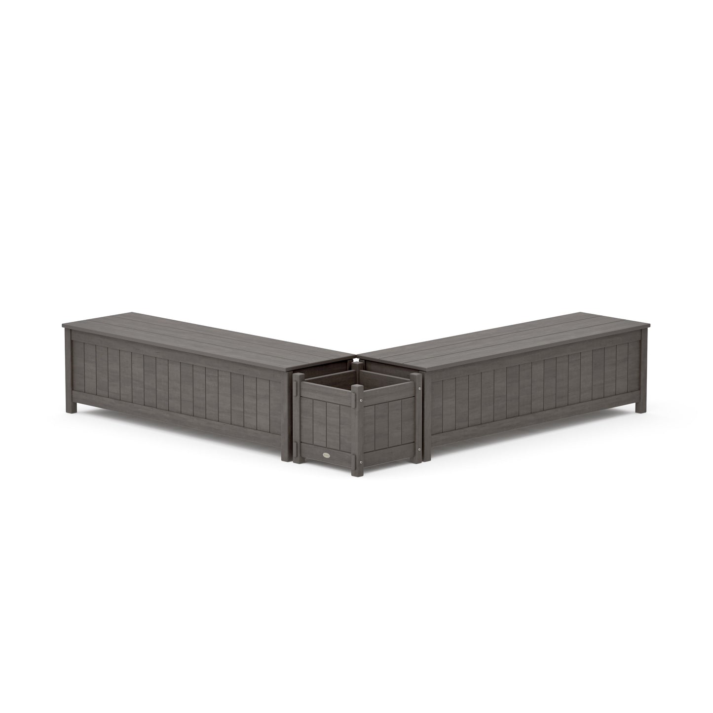 POLYWOOD 60" Vineyard L- Shaped Planter Storage Bench Set — Driftwood