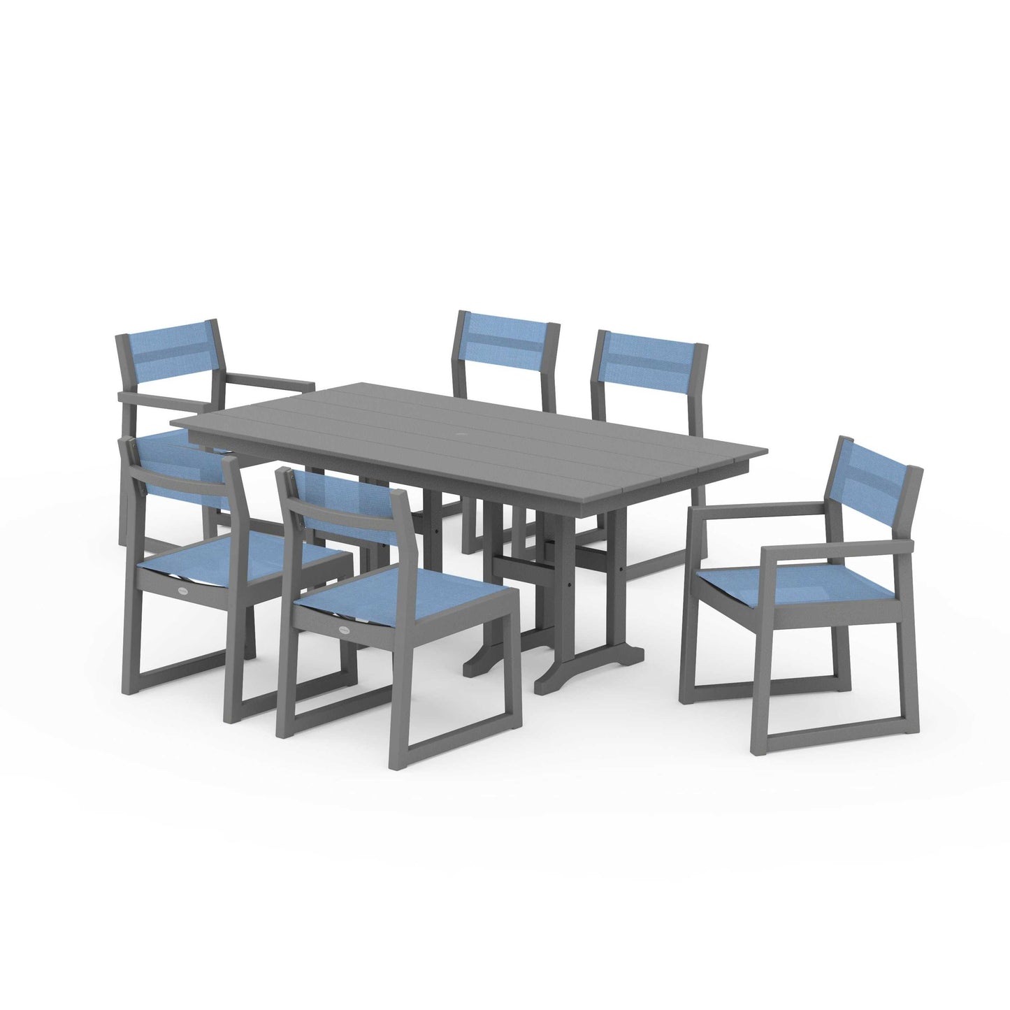 POLYWOOD EDGE Sling 7-Piece Farmhouse Dining Set — Slate Grey / Poolside Sling