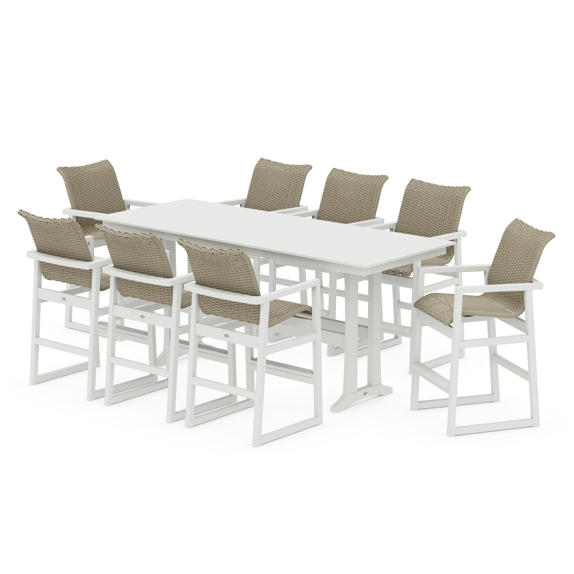 POLYWOOD EDGE Woven 9-Piece Farmhouse Bar Set with Trestle Legs — Vintage White / Dune Grass