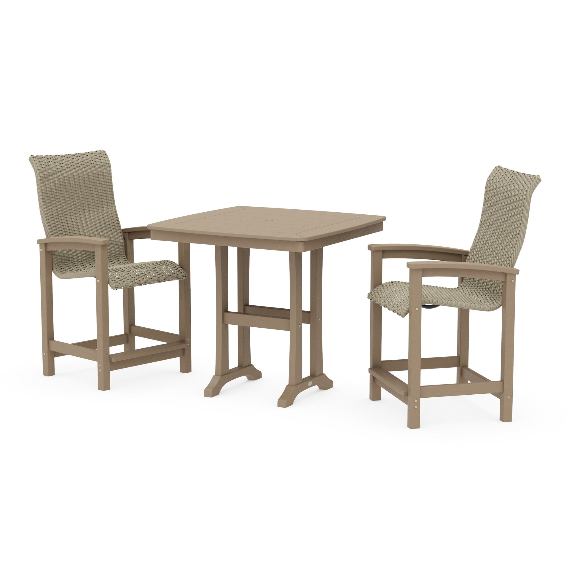 POLYWOOD Coastal Woven High-Back 3-Piece Counter Set with Trestle Legs — Vintage Sahara / Dune Grass