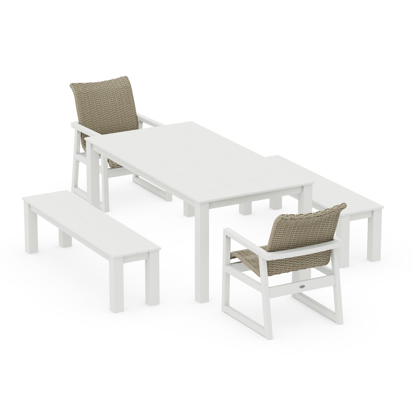 POLYWOOD EDGE Woven 5-Piece Parsons Dining Set with Benches — Vintage White / Dune Grass