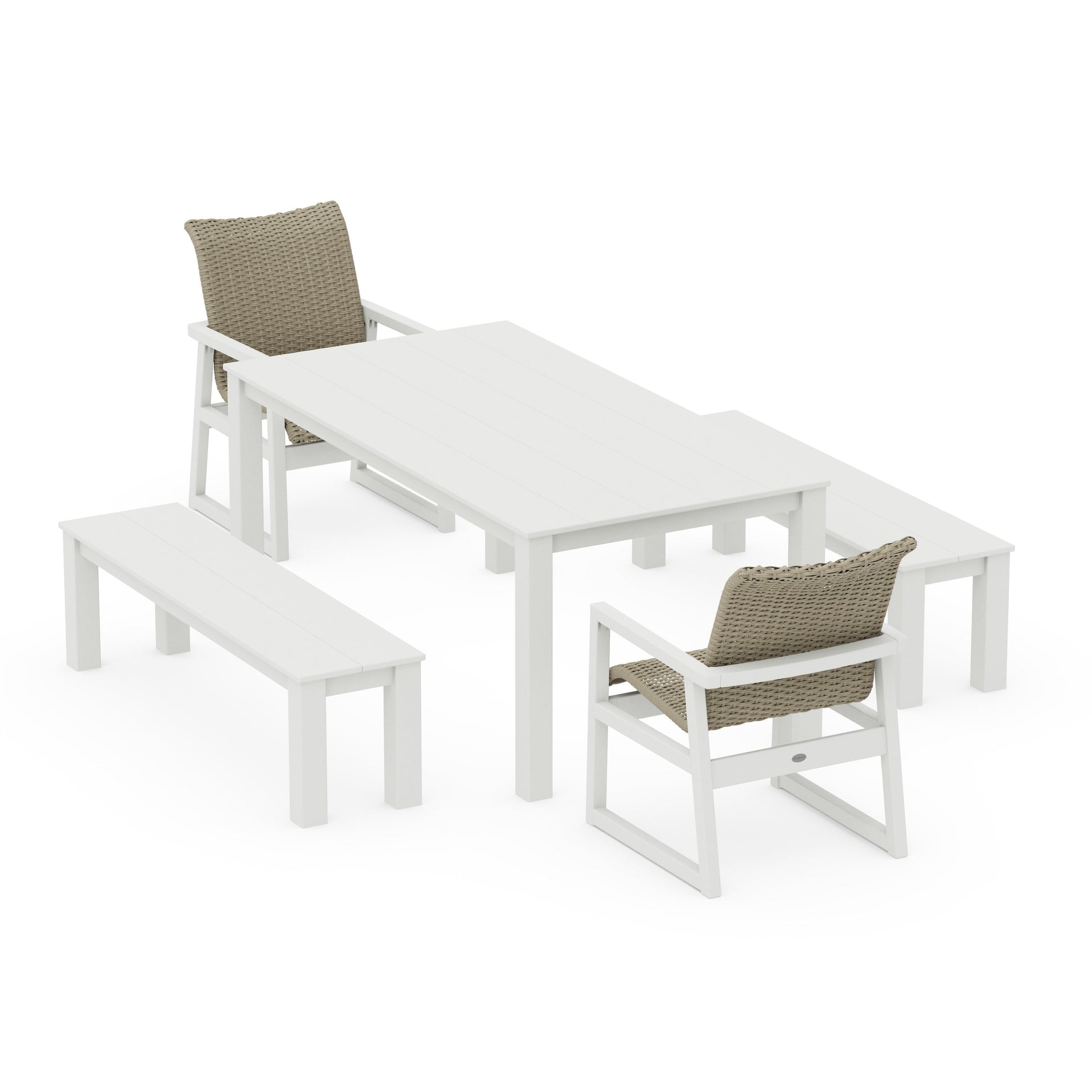 POLYWOOD EDGE Woven 5-Piece Parsons Dining Set with Benches — Vintage White / Dune Grass