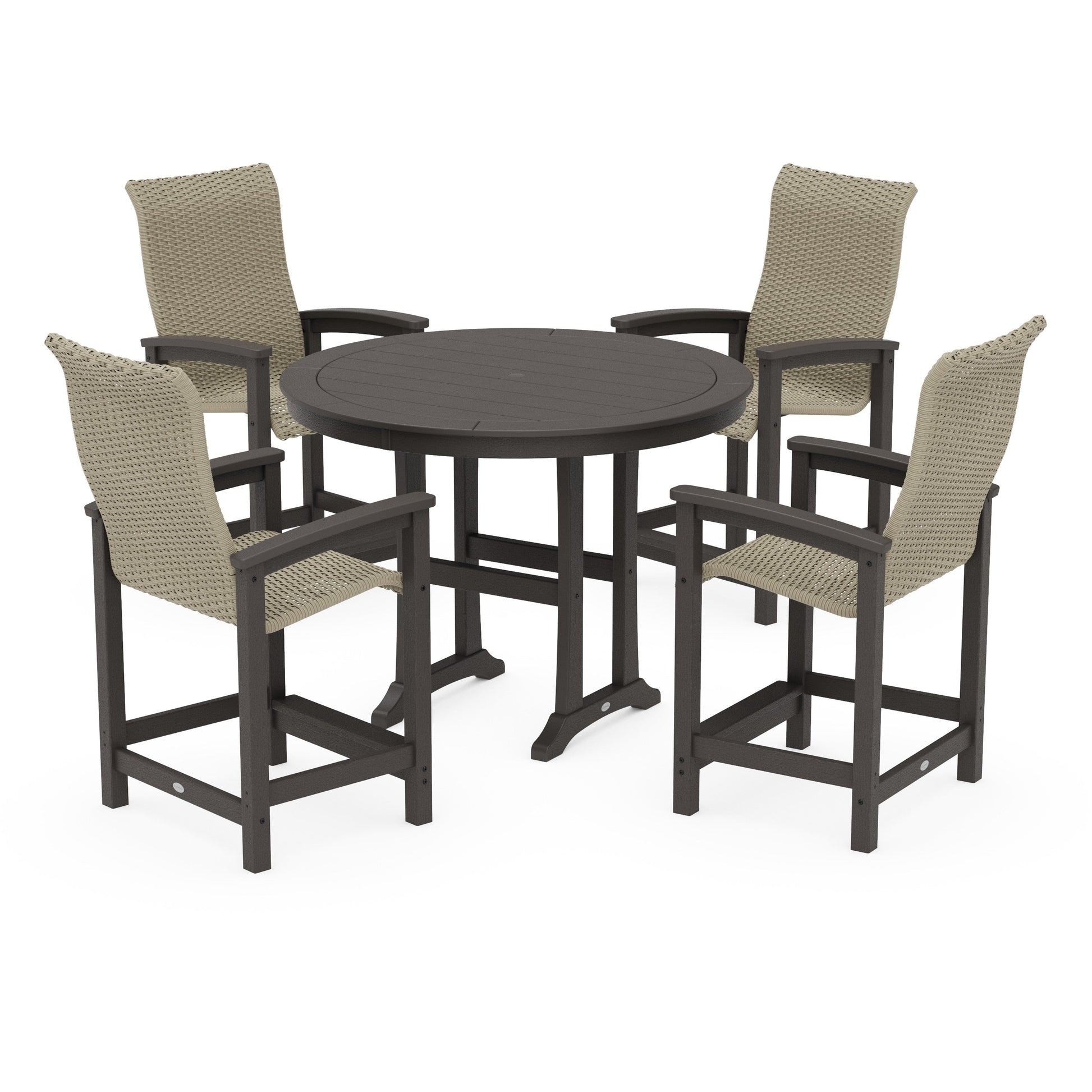 POLYWOOD Coastal Woven High-Back 5-Piece Round Counter Set — Vintage Coffee / Dune Grass