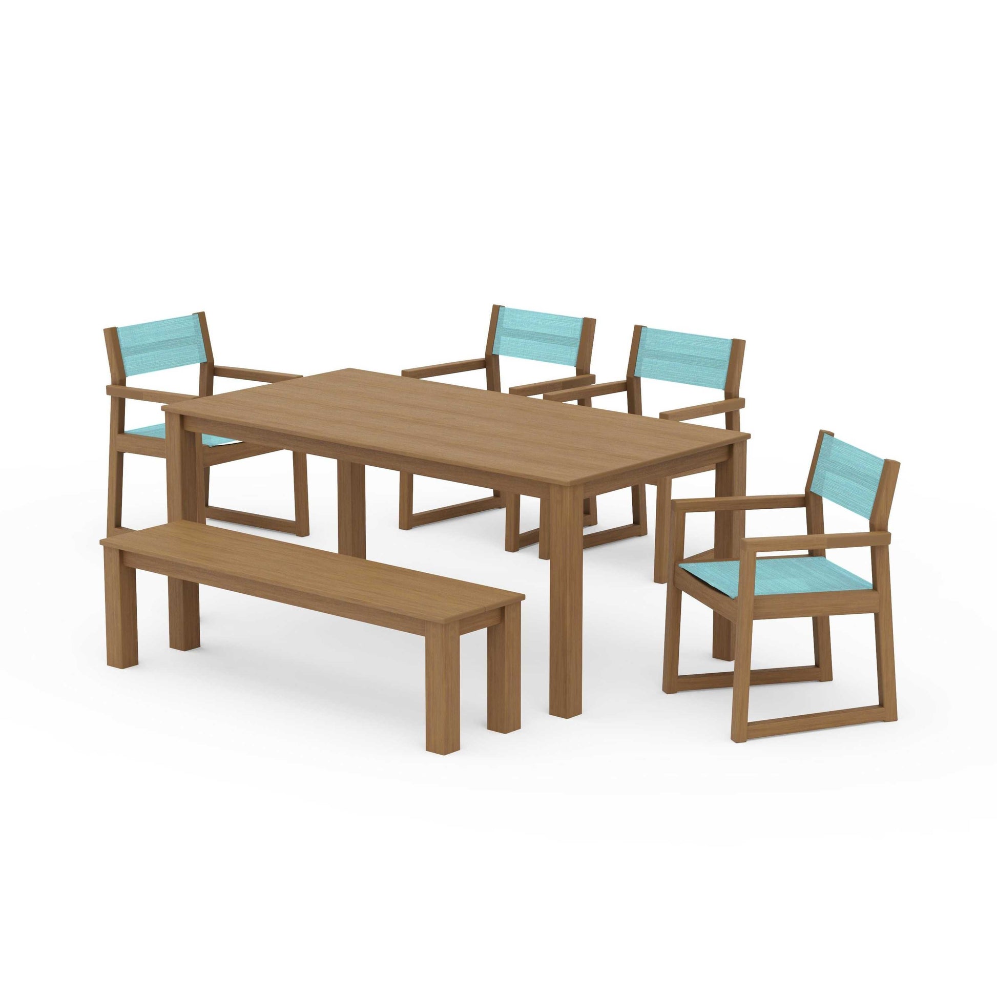 POLYWOOD EDGE Sling Arm Chair 6-Piece Parsons Dining Set with Bench — Natural / Dupioni Aquamarine Sling