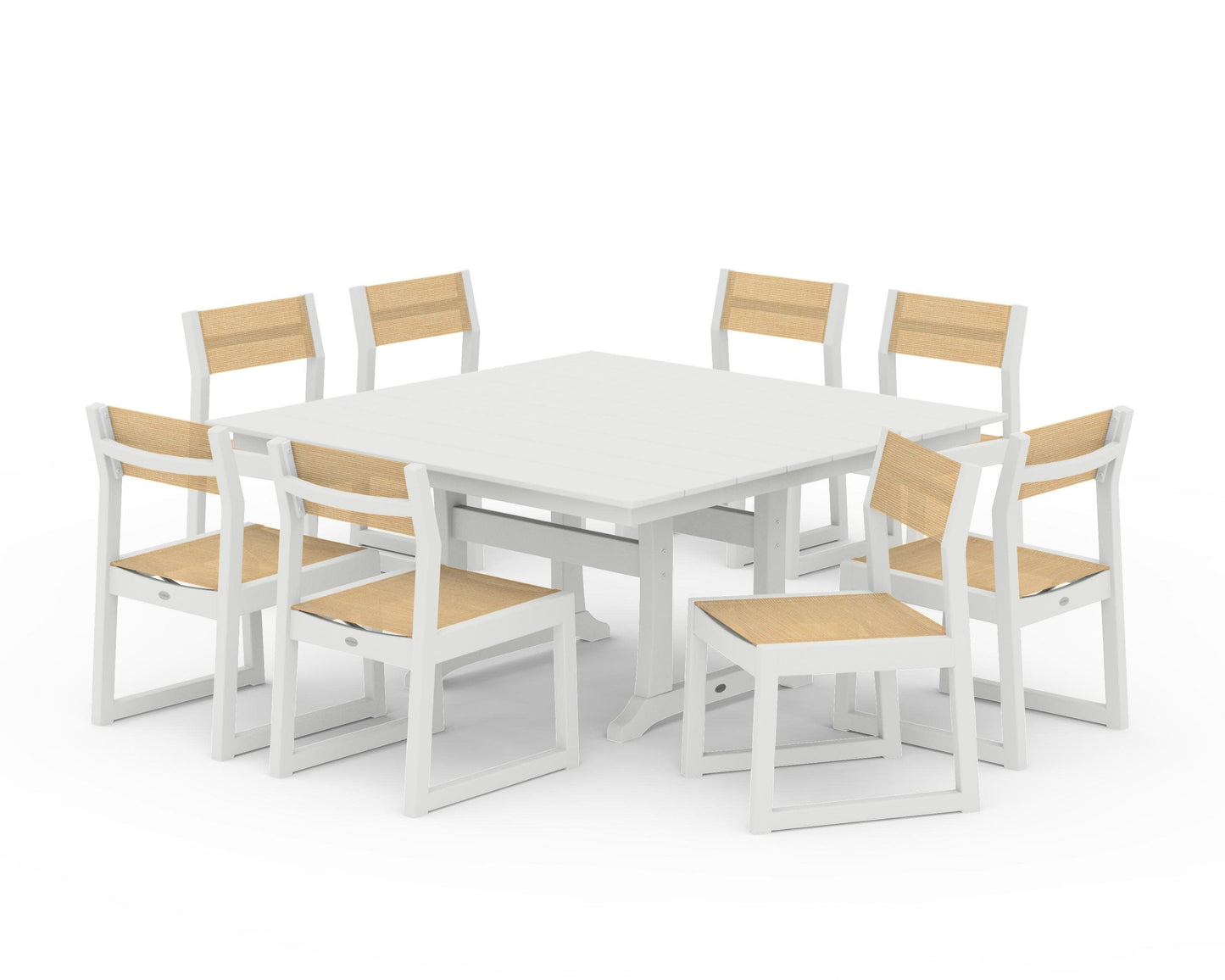 POLYWOOD EDGE Sling Side Chair 9-Piece Farmhouse Trestle Dining Set — Vintage White / Dupioni Apricot Sling